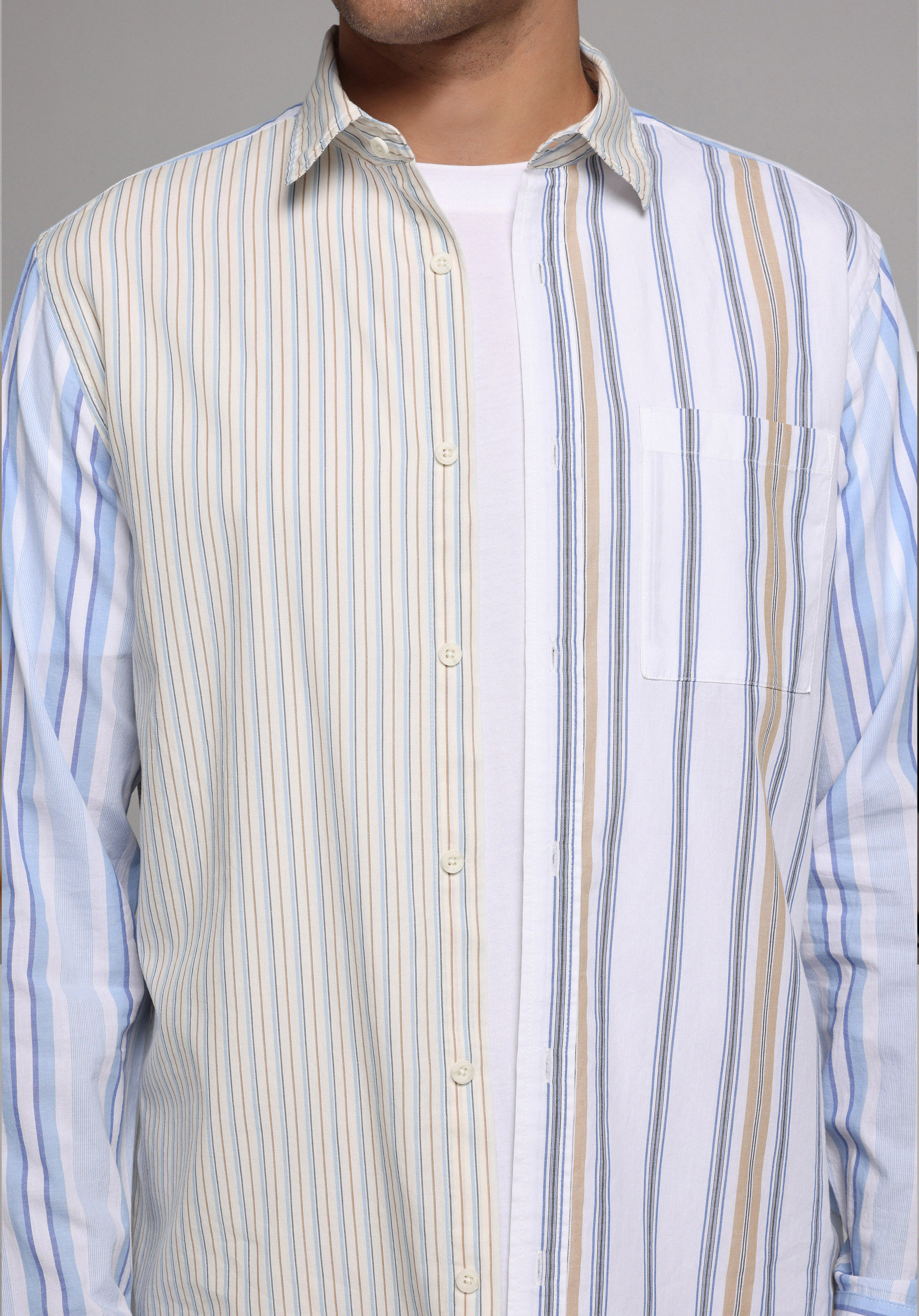 Relaxed Fit Shirt Neck Çizgili Erkek Çok Renkli Uzun Kol Gömlek