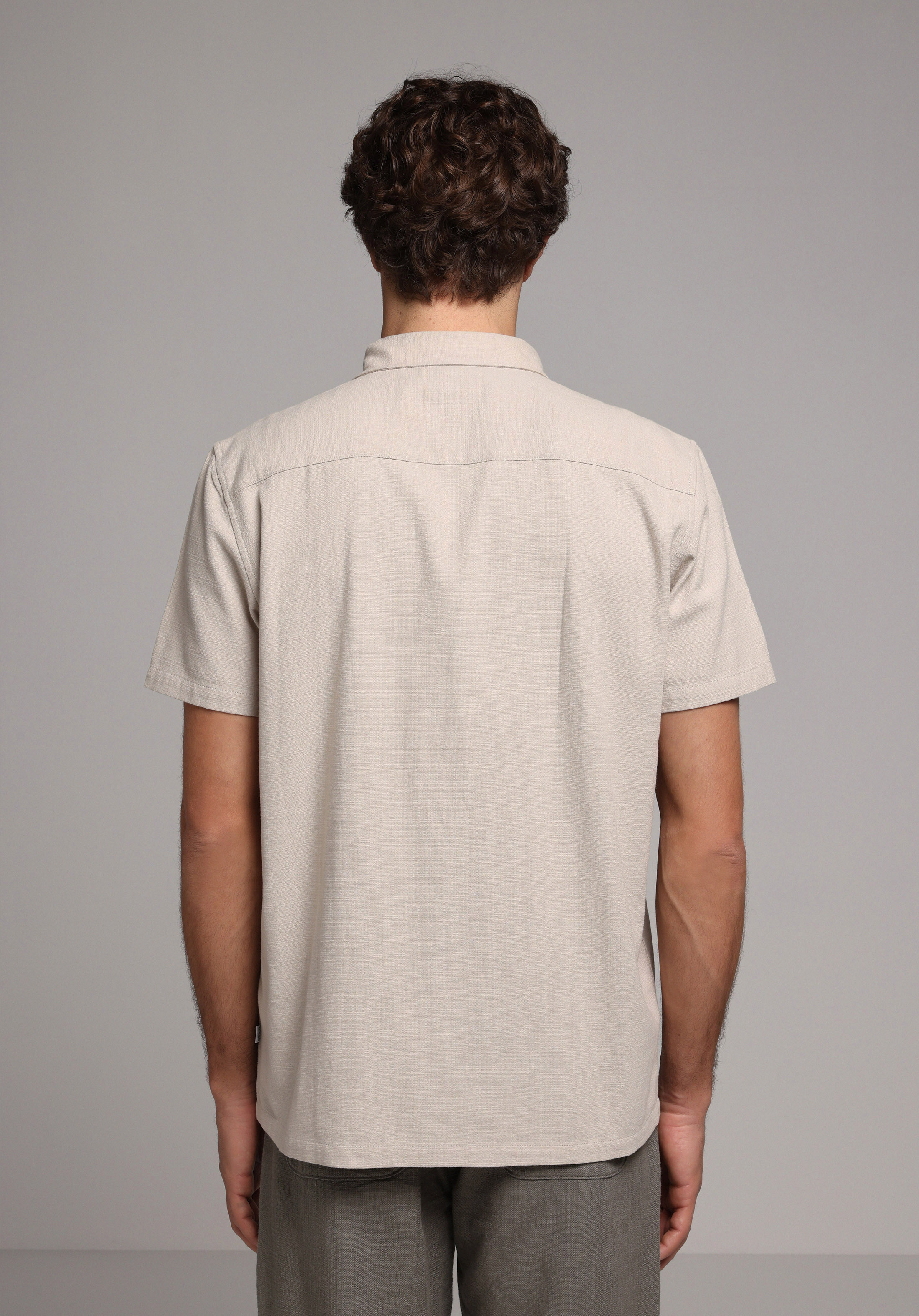 Regular Fit Shirt Neck Düz Erkek Bej Kısa Kol Gömlek