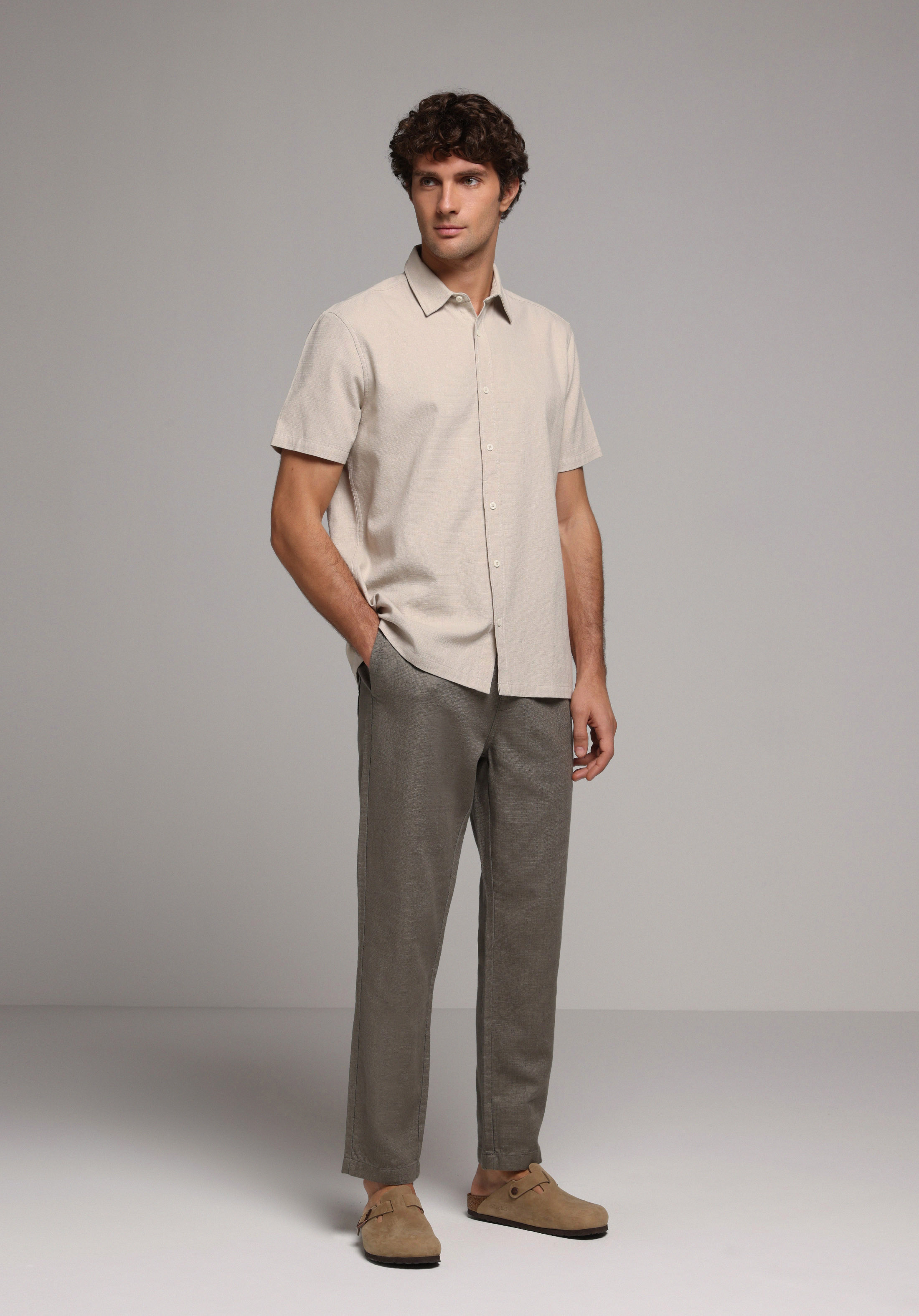 Regular Fit Shirt Neck Düz Erkek Bej Kısa Kol Gömlek