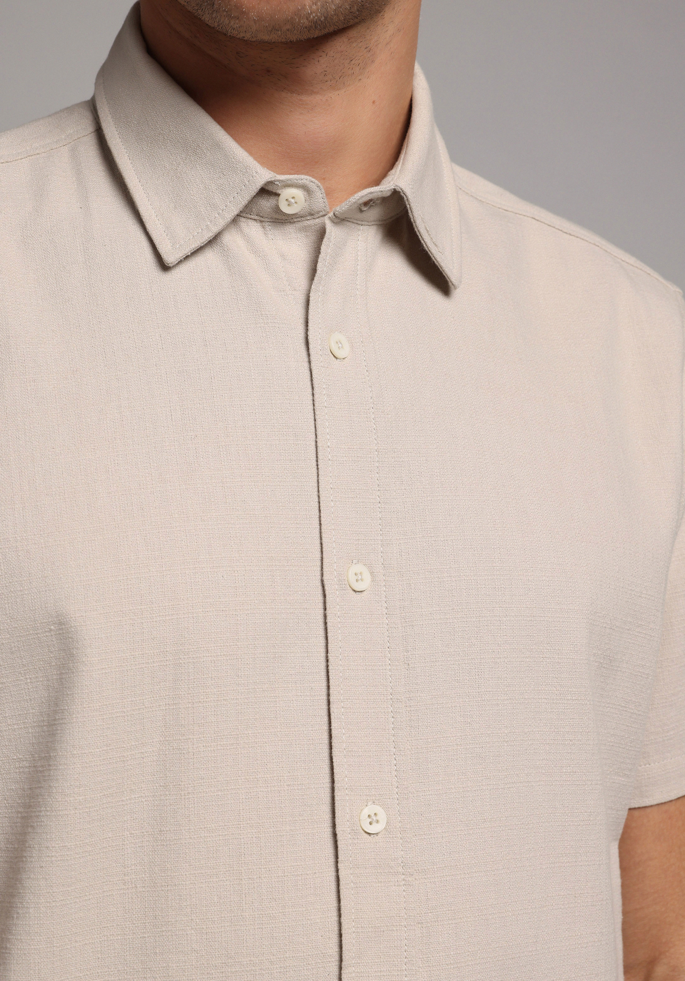 Regular Fit Shirt Neck Düz Erkek Bej Kısa Kol Gömlek