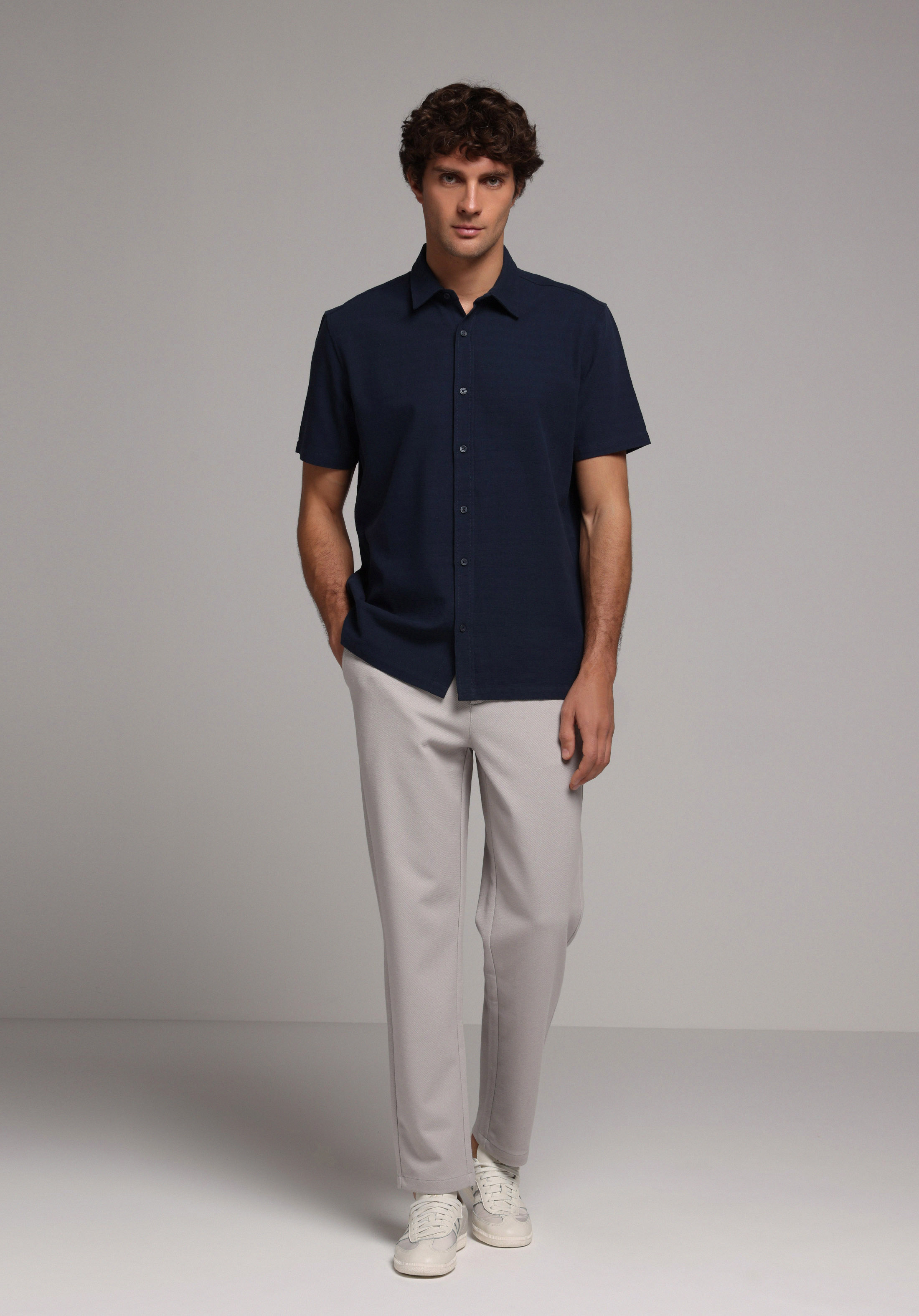 Regular Fit Shirt Neck Düz Erkek Lacivert Kısa Kol Gömlek