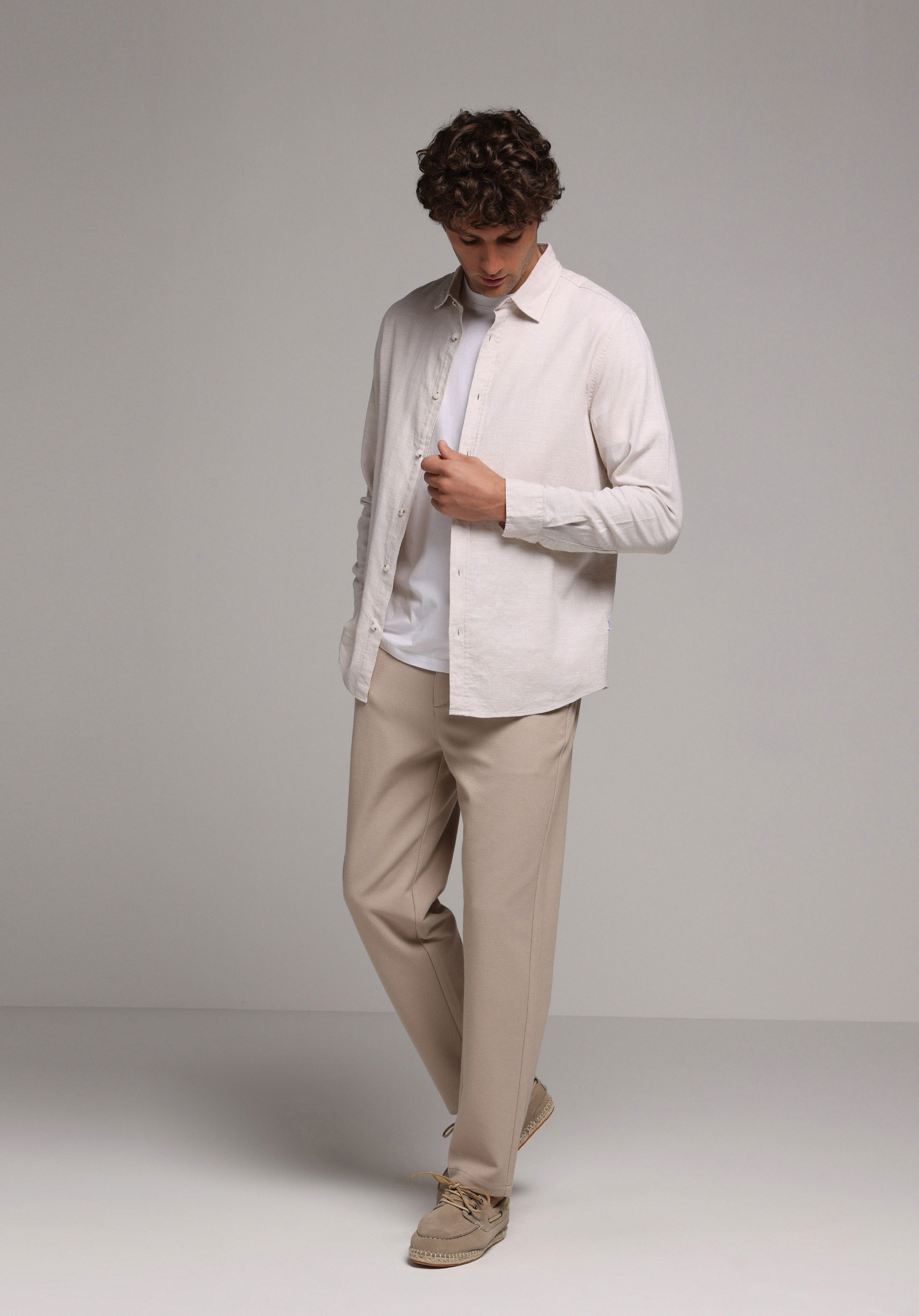 Regular Fit Shirt Neck Düz Erkek Ekru Uzun Kol Gömlek