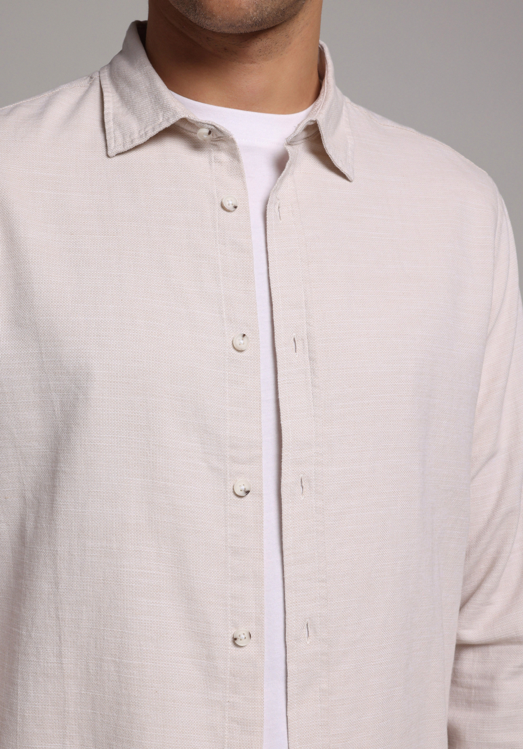 Regular Fit Shirt Neck Düz Erkek Ekru Uzun Kol Gömlek