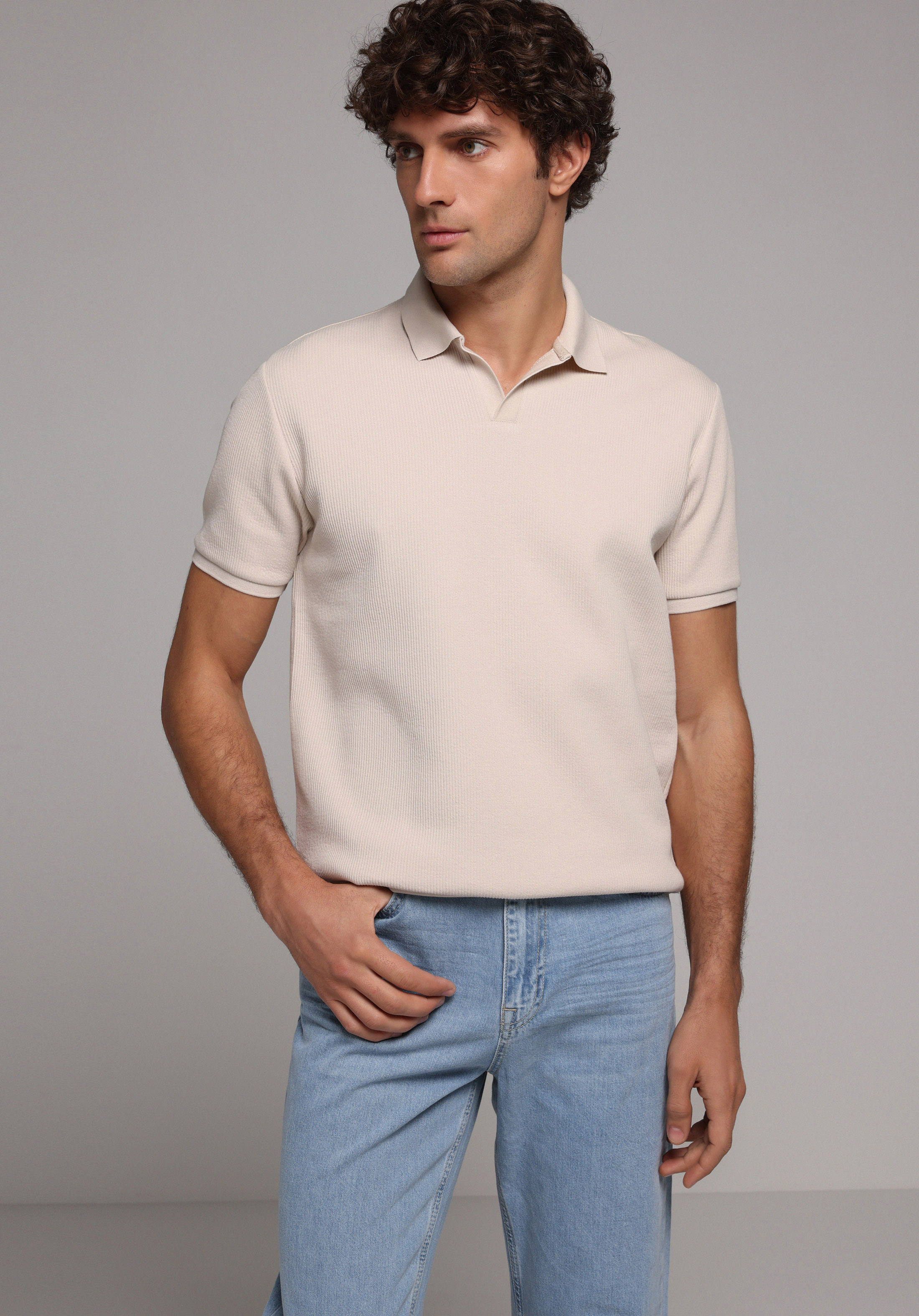 Regular Fit Polo Yaka Düz Erkek Bej Kısa Kol Tişört