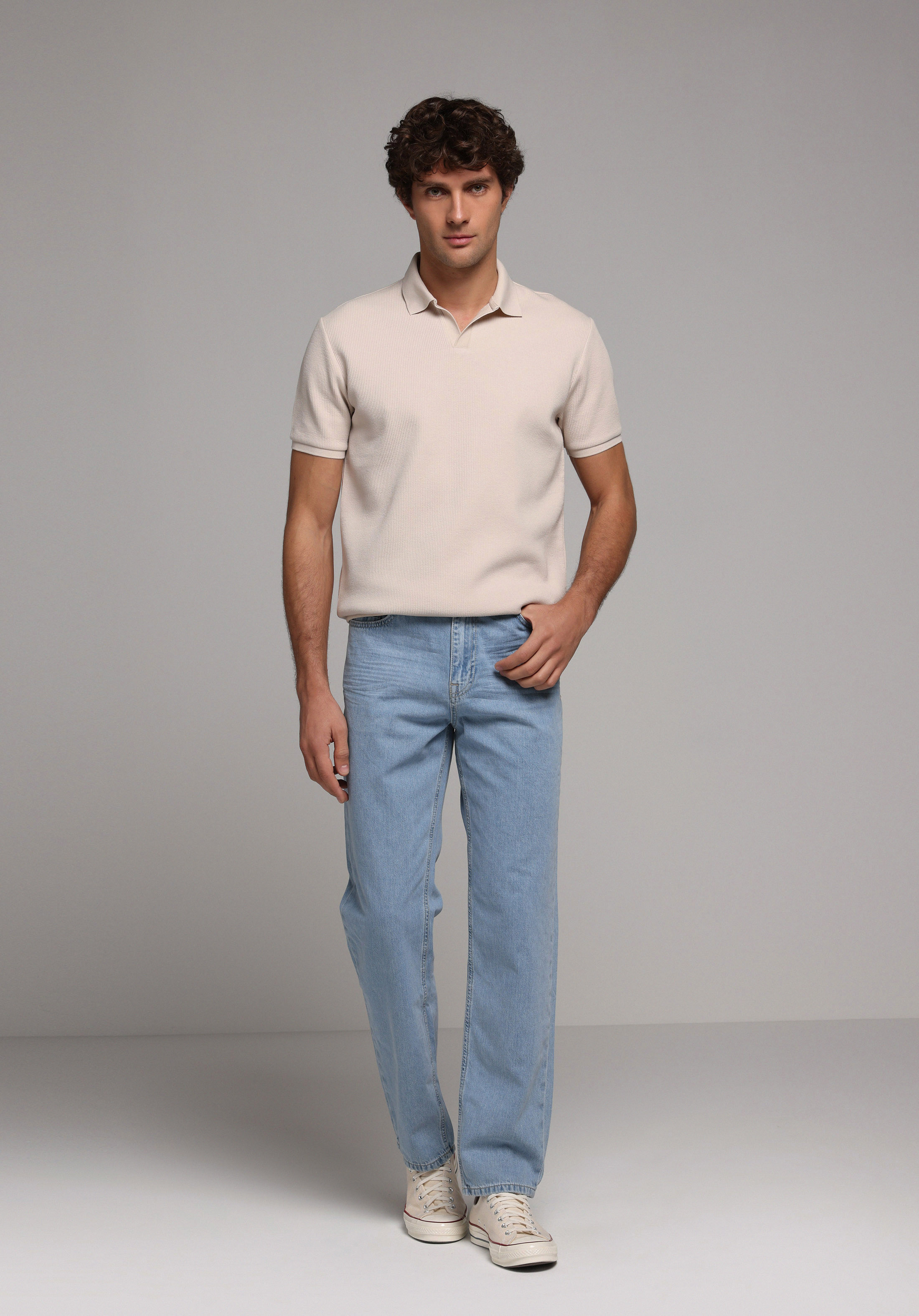 Regular Fit Polo Yaka Düz Erkek Bej Kısa Kol Tişört