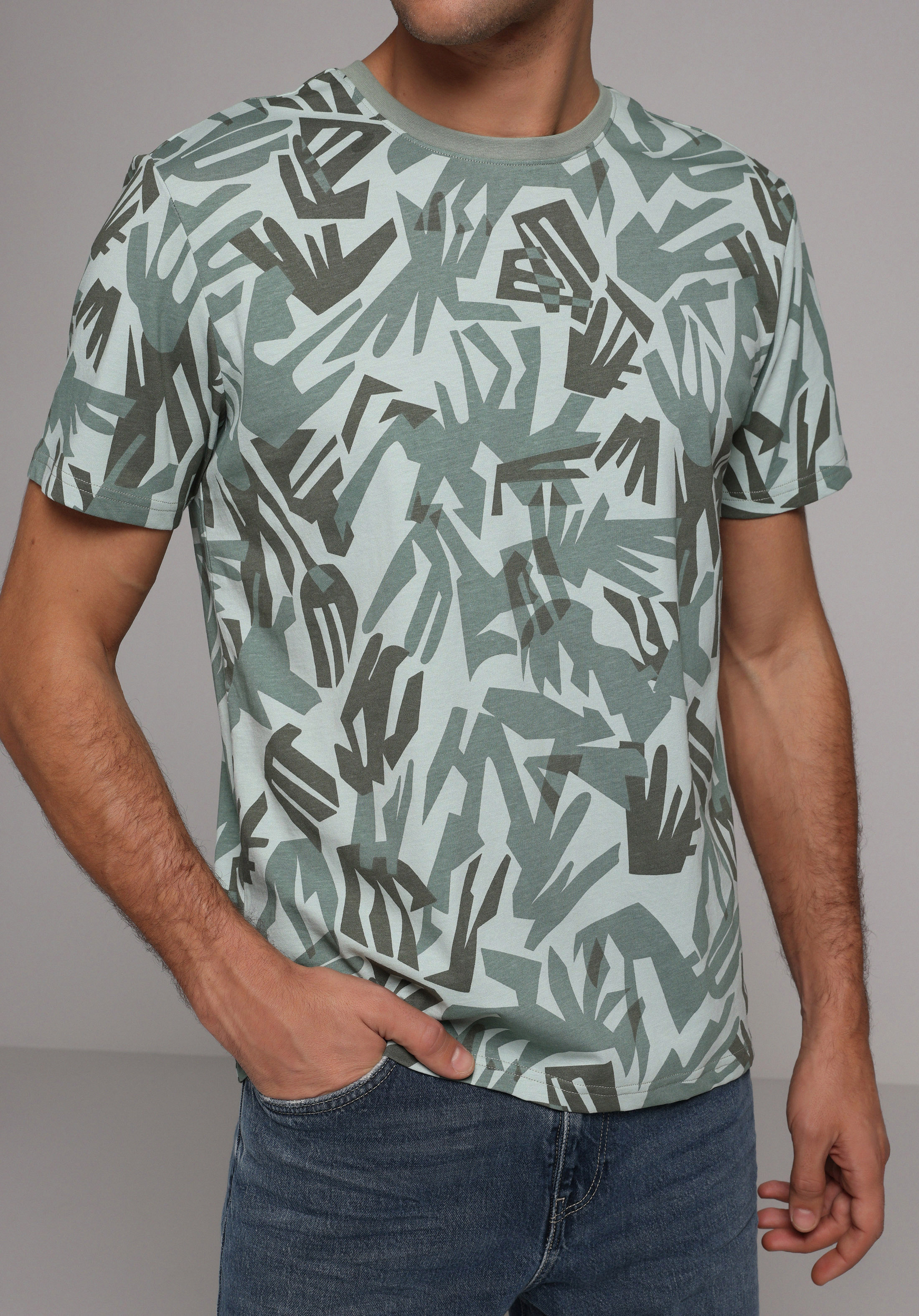 Regular Fit Yuvarlak Yaka Baskılı Erkek Yeşil Kısa Kol Tişört