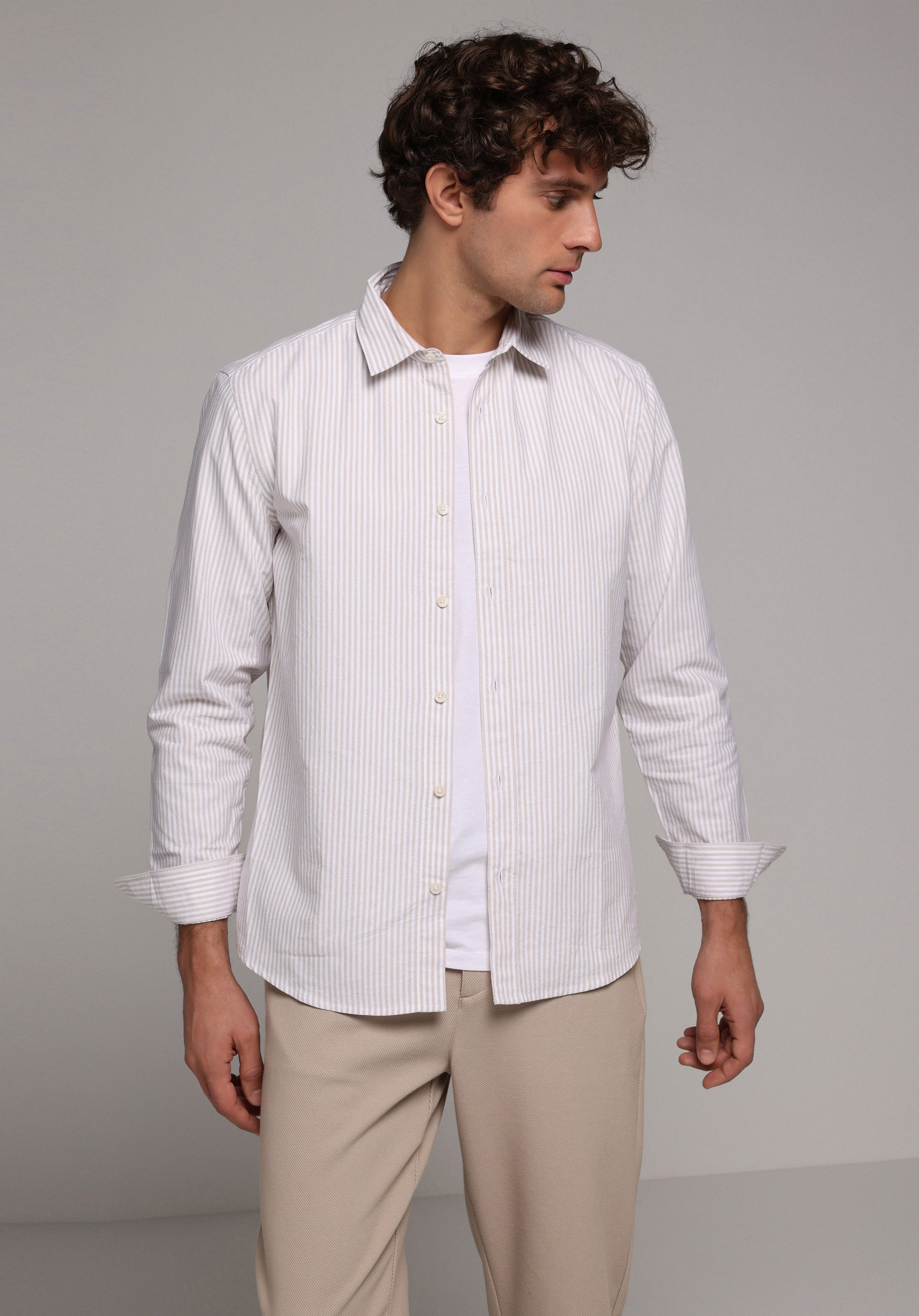 Regular Fit Shirt Neck Çizgili Erkek Bej Uzun Kol Gömlek