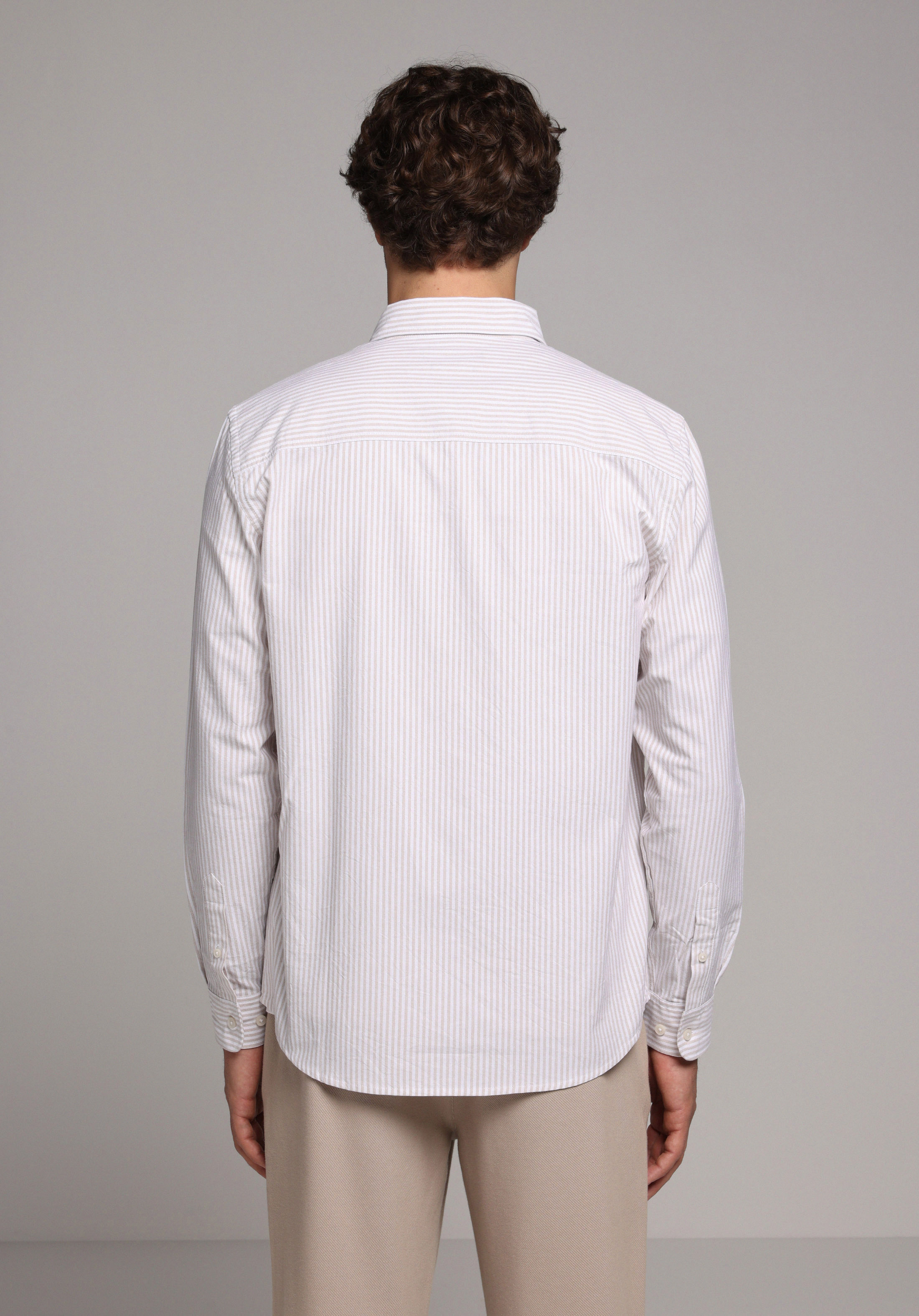 Regular Fit Shirt Neck Çizgili Erkek Bej Uzun Kol Gömlek