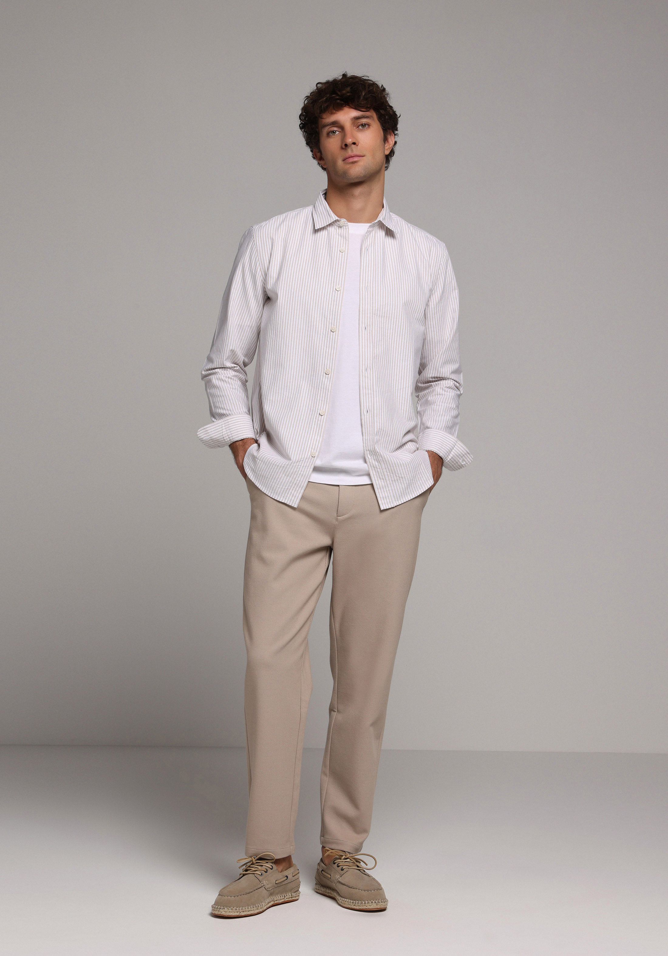 Regular Fit Shirt Neck Çizgili Erkek Bej Uzun Kol Gömlek