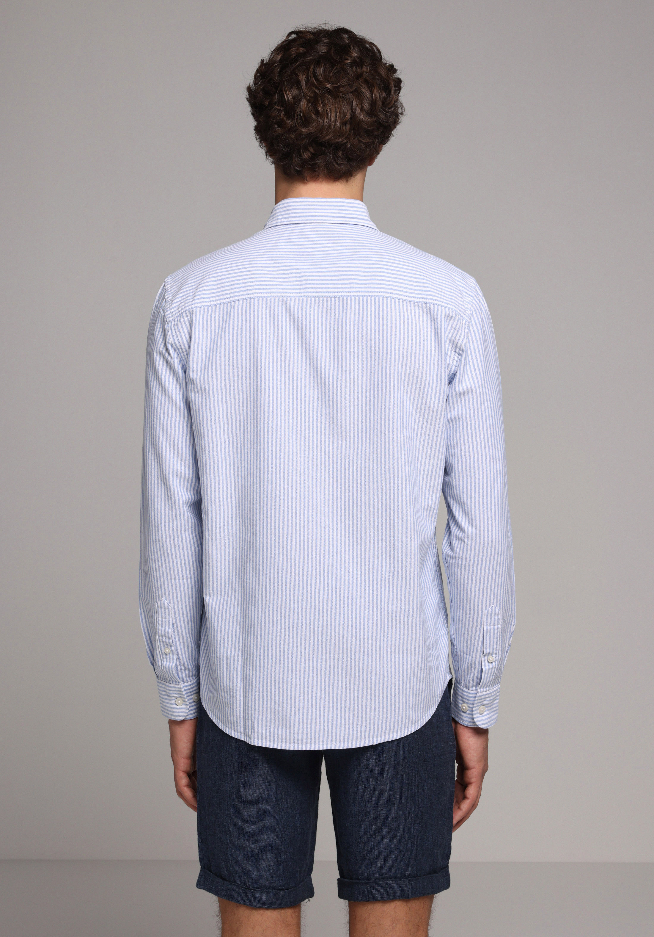 Regular Fit Shirt Neck Çizgili Erkek Mavi Uzun Kol Gömlek