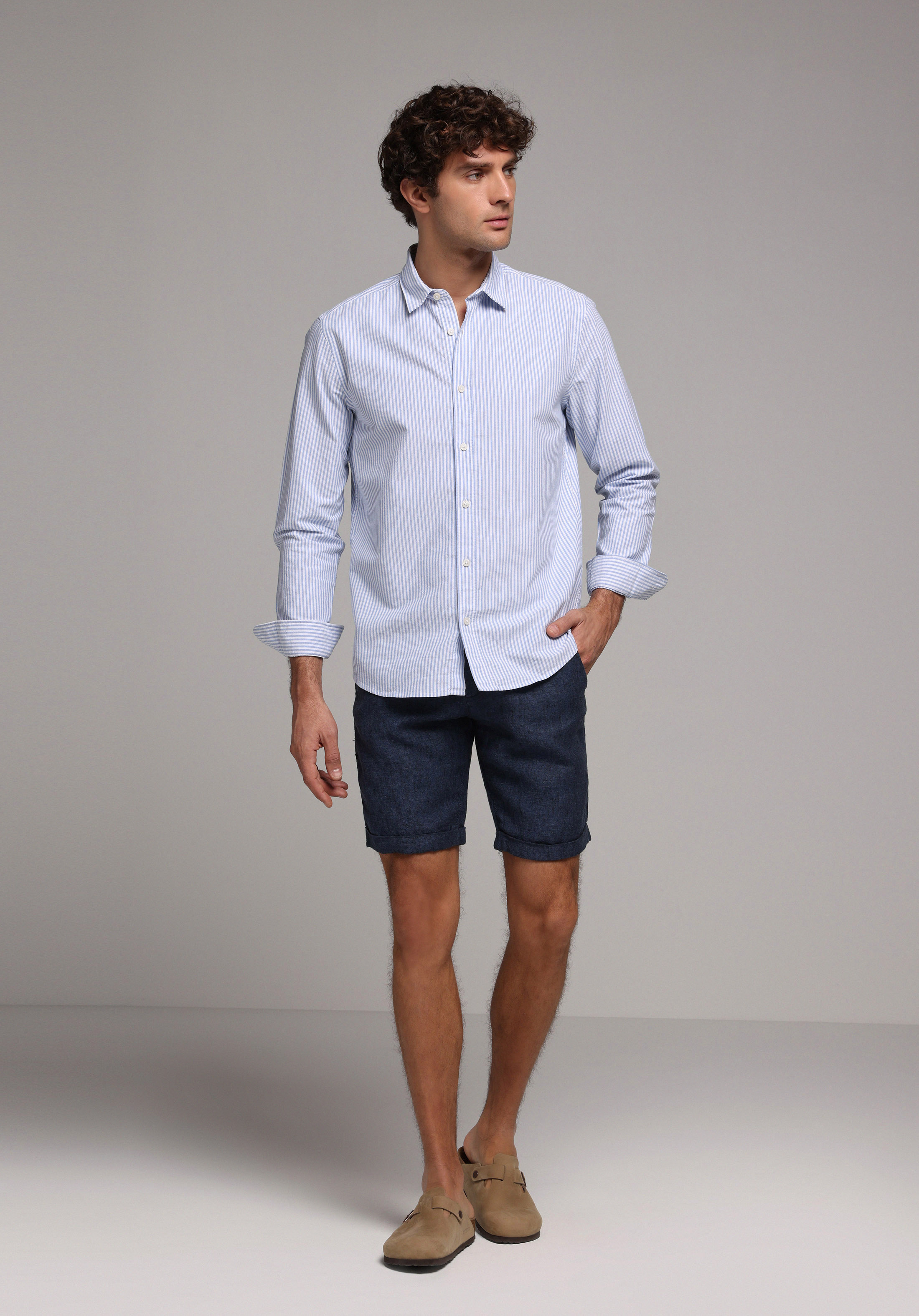 Regular Fit Shirt Neck Çizgili Erkek Mavi Uzun Kol Gömlek