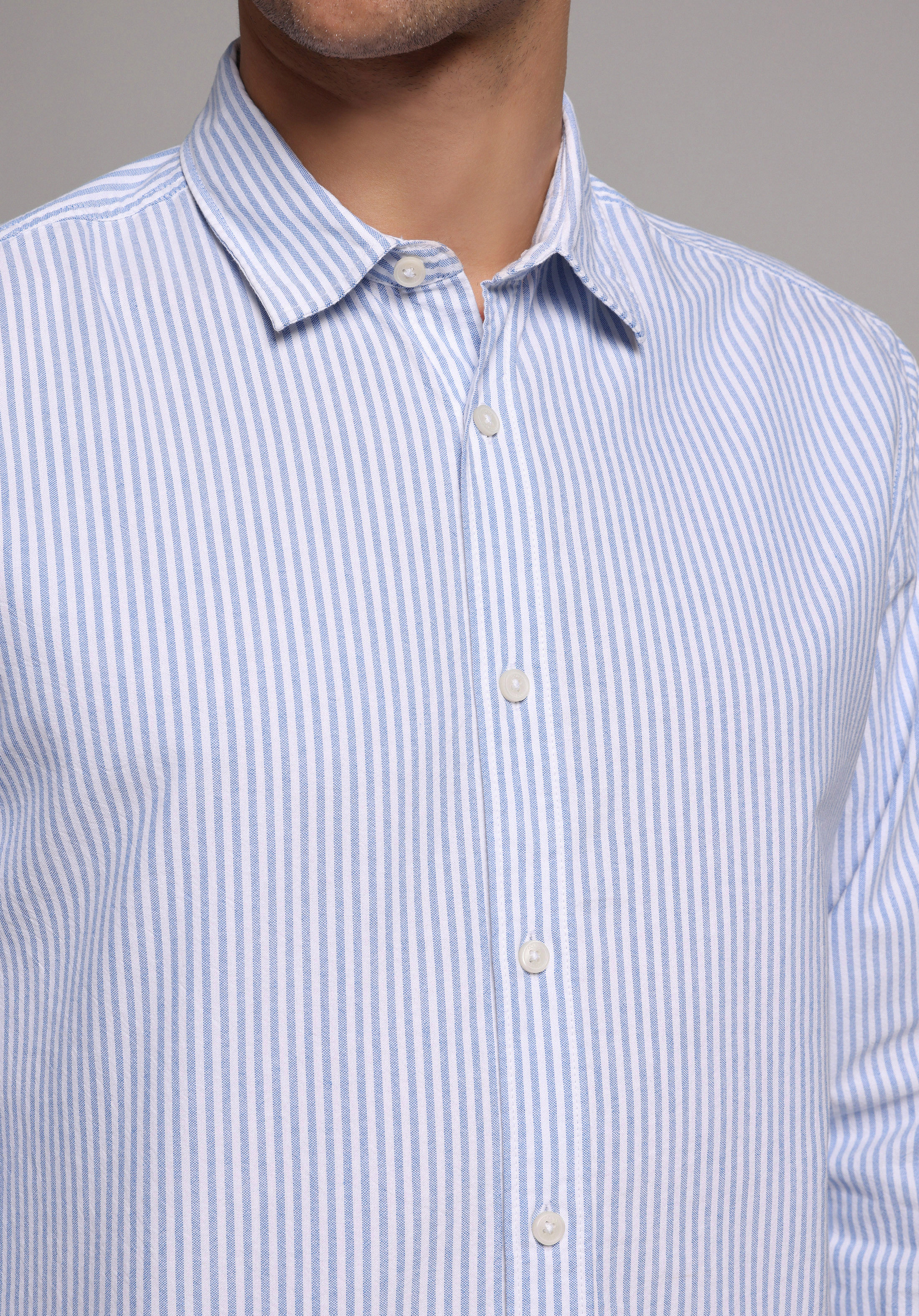 Regular Fit Shirt Neck Çizgili Erkek Mavi Uzun Kol Gömlek