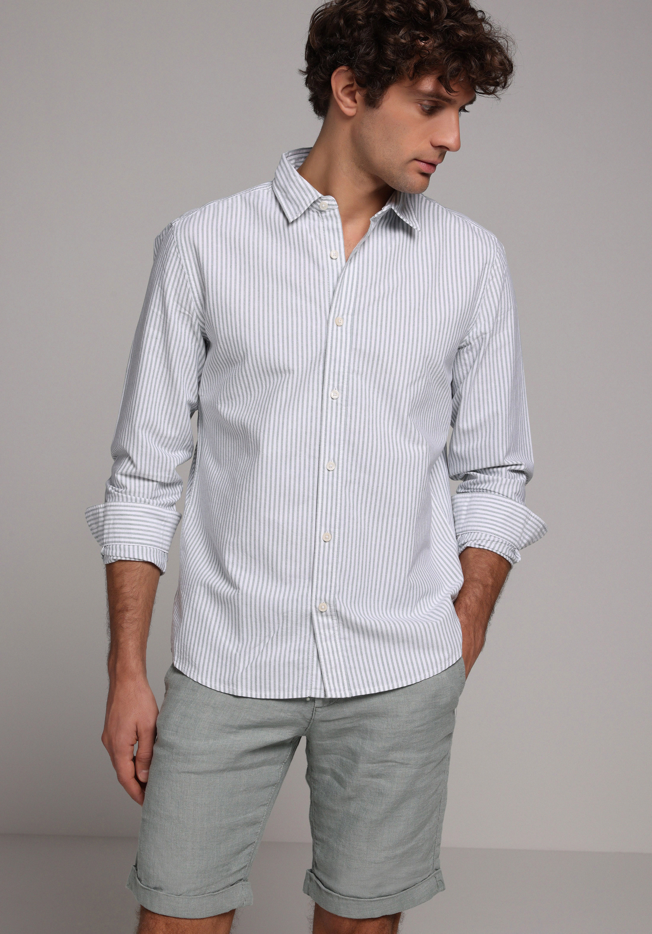 Regular Fit Shirt Neck Çizgili Erkek Turkuaz Uzun Kol Gömlek