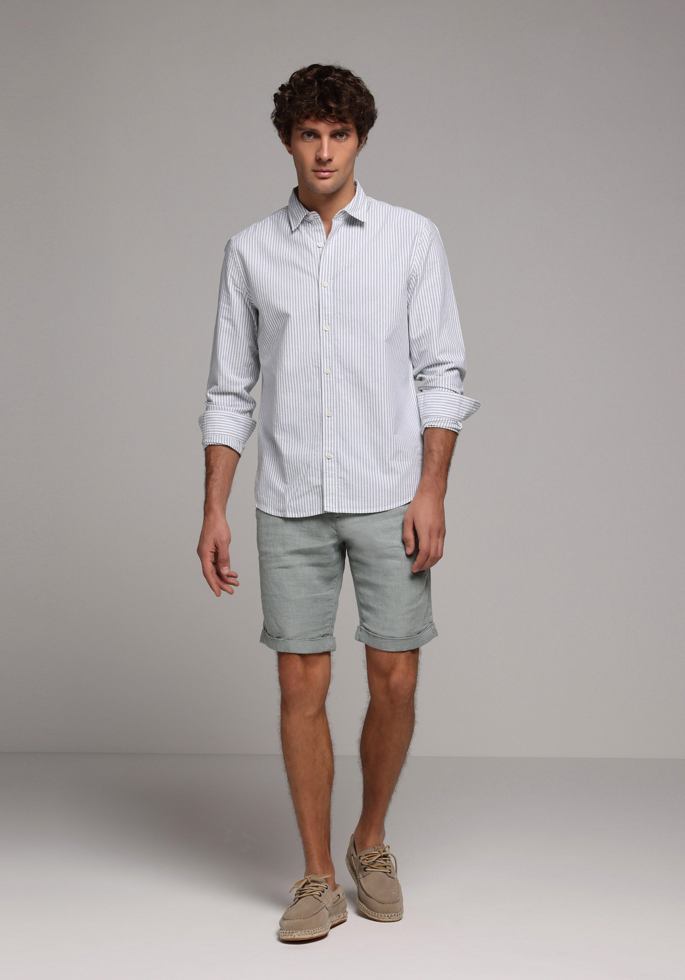 Regular Fit Shirt Neck Çizgili Erkek Turkuaz Uzun Kol Gömlek