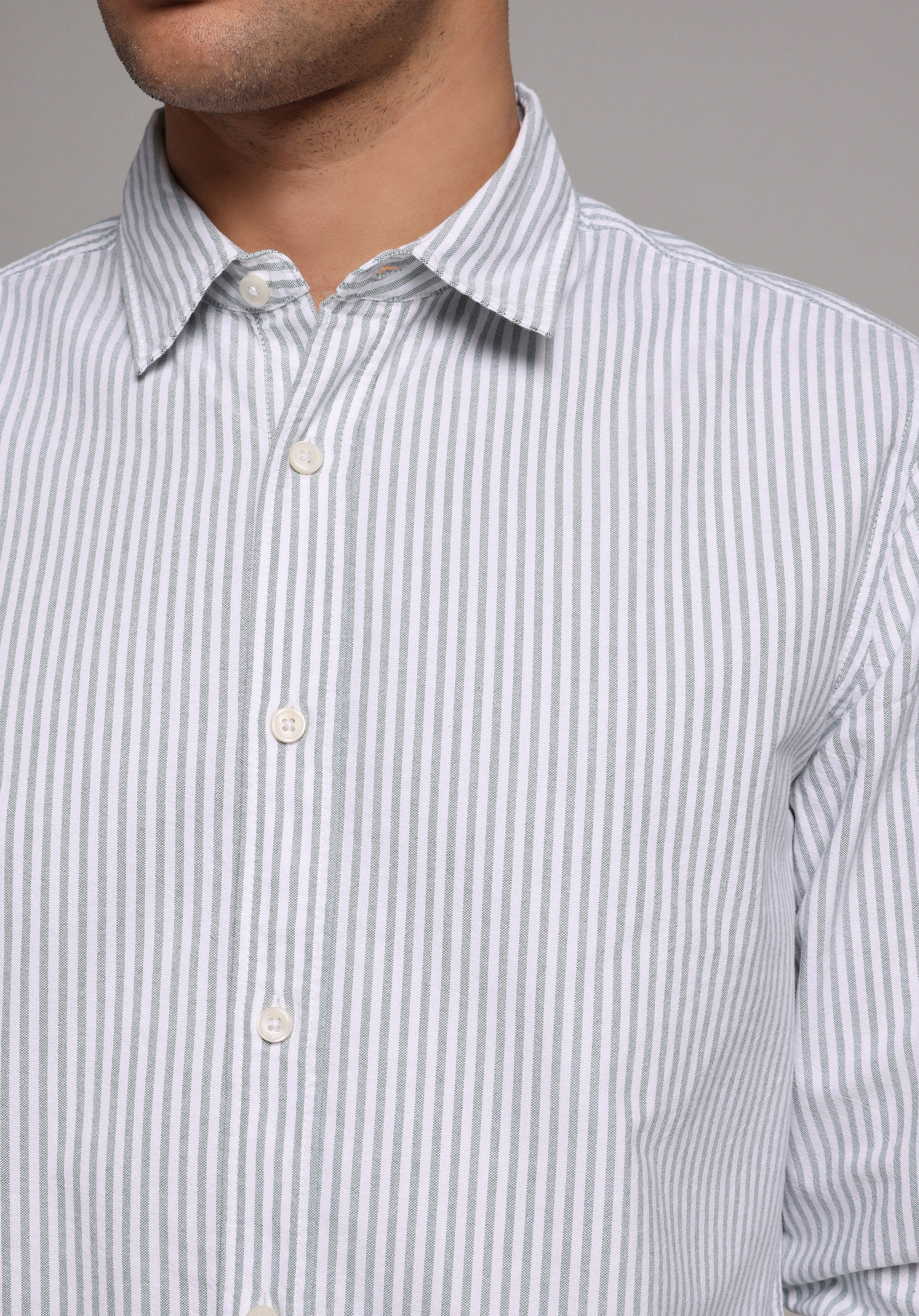 Regular Fit Shirt Neck Çizgili Erkek Turkuaz Uzun Kol Gömlek