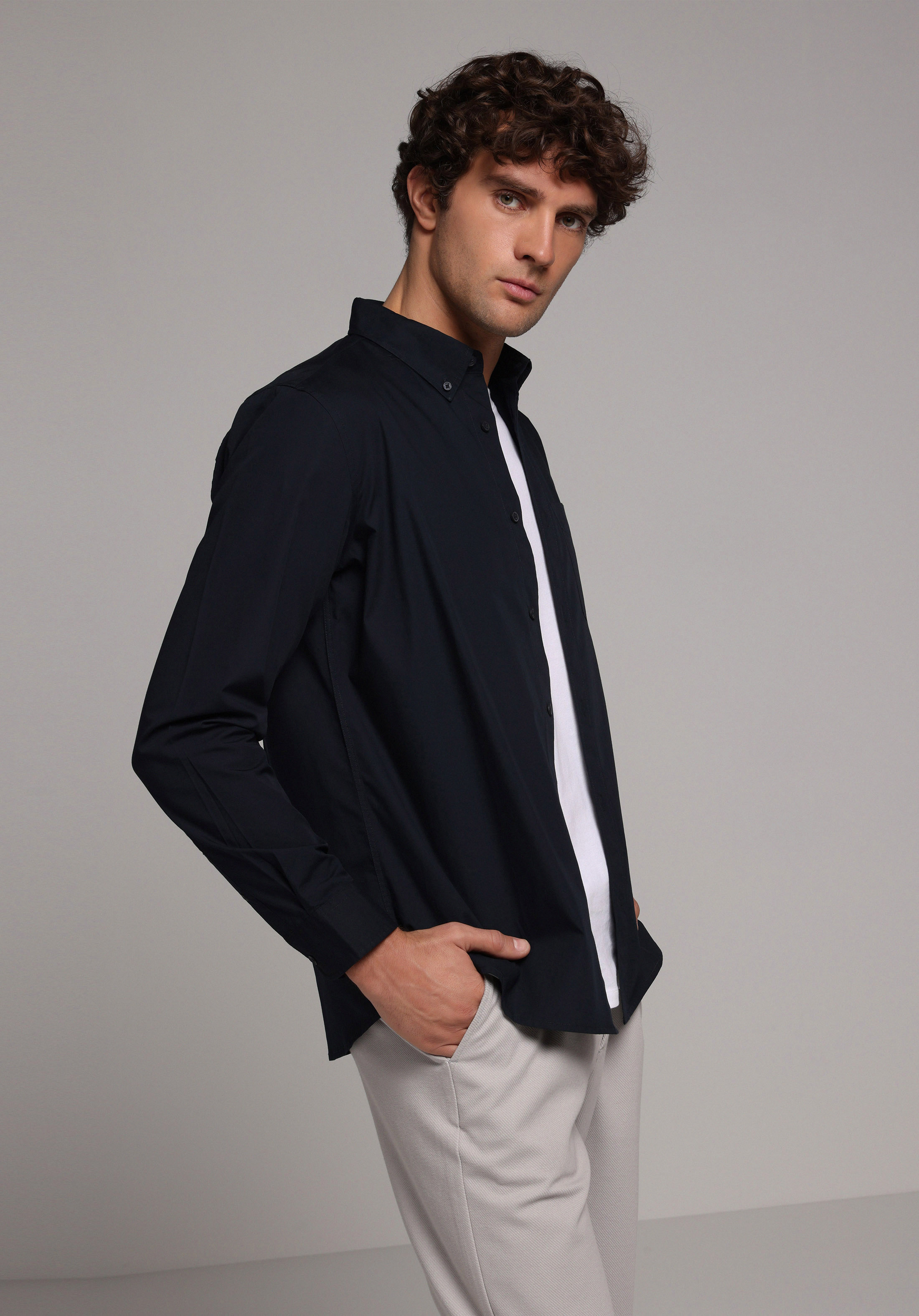 Regular Fit Shirt Neck Düz Erkek Lacivert Uzun Kol Gömlek