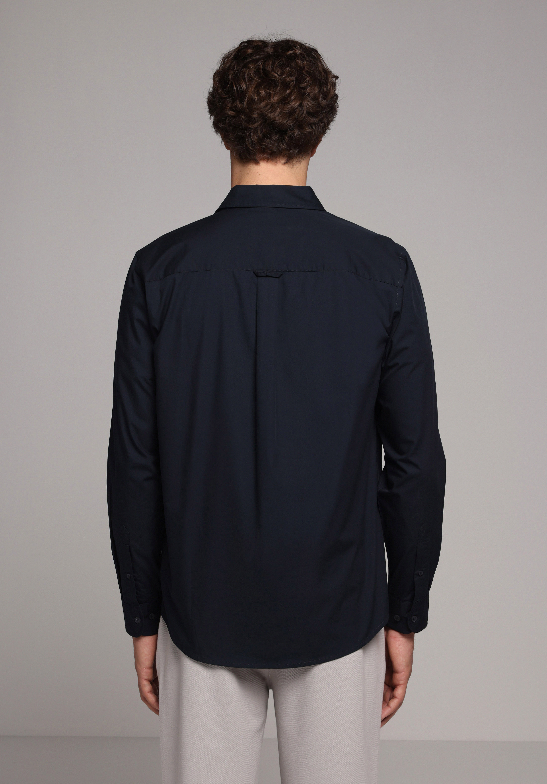 Regular Fit Shirt Neck Düz Erkek Lacivert Uzun Kol Gömlek