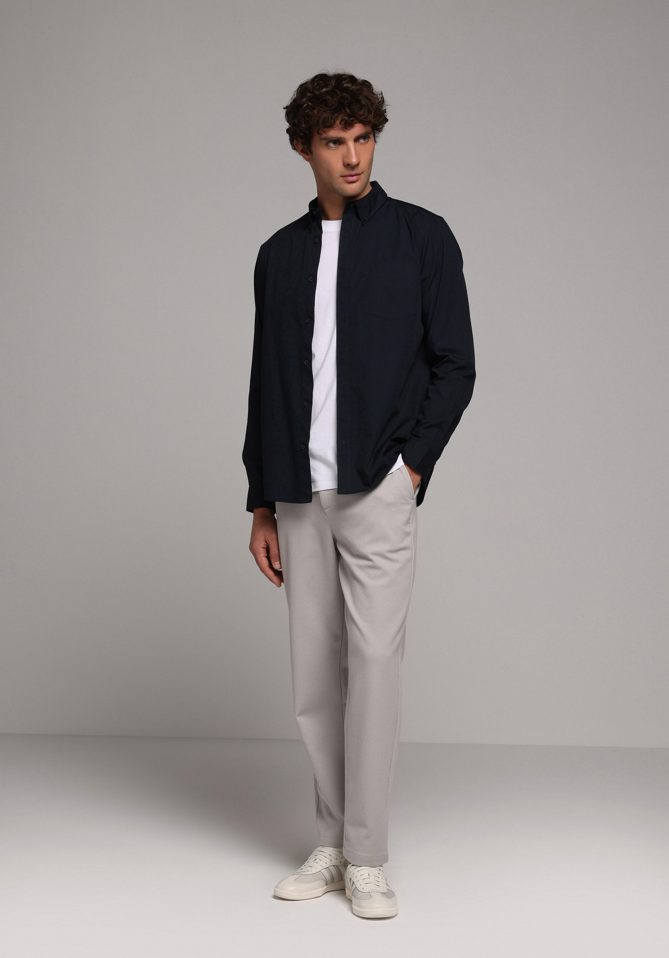 Regular Fit Shirt Neck Düz Erkek Lacivert Uzun Kol Gömlek