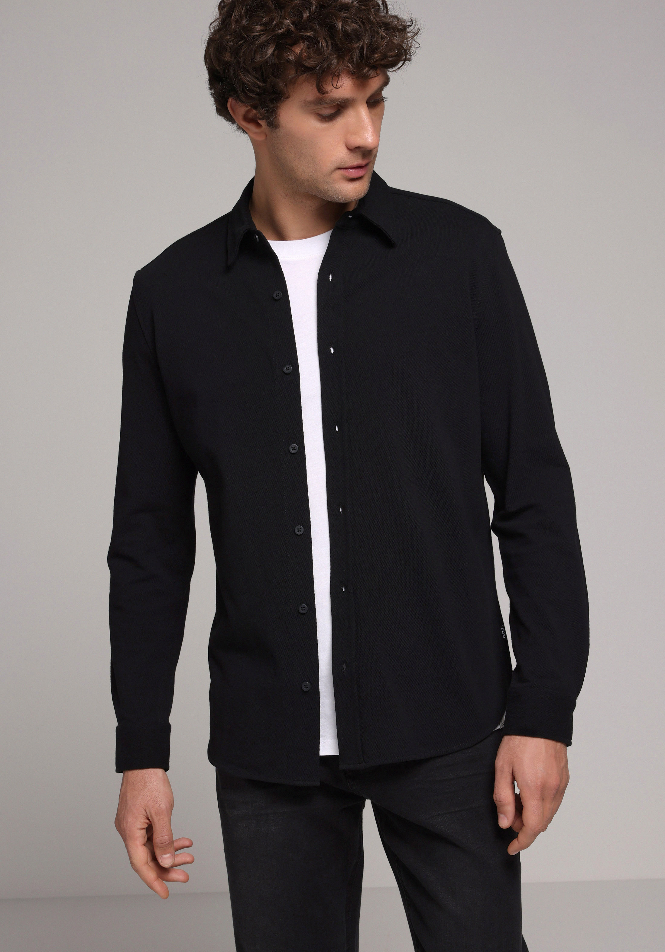 Regular Fit Shirt Neck Düz Erkek Siyah Uzun Kol Gömlek