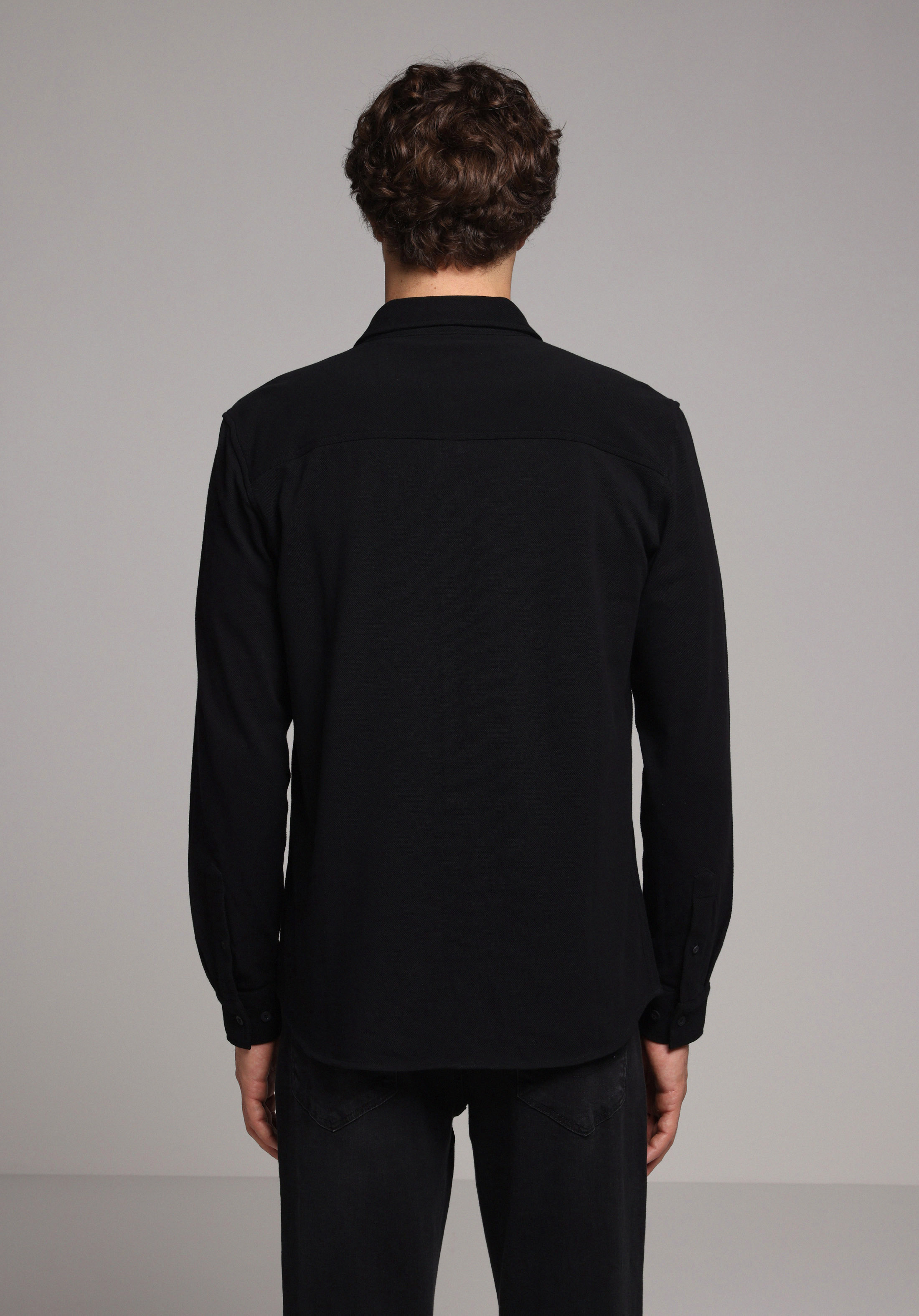 Regular Fit Shirt Neck Düz Erkek Siyah Uzun Kol Gömlek