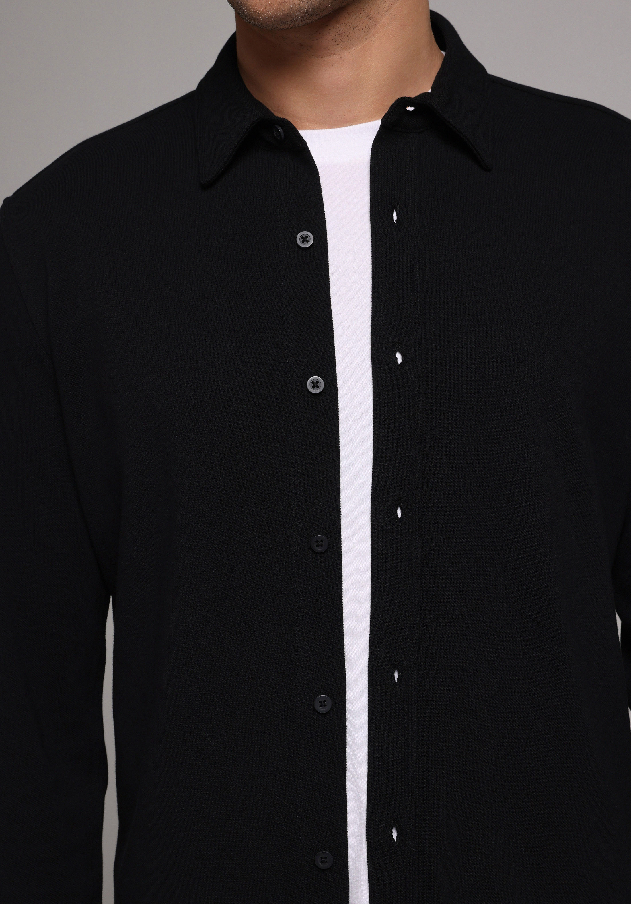 Regular Fit Shirt Neck Düz Erkek Siyah Uzun Kol Gömlek