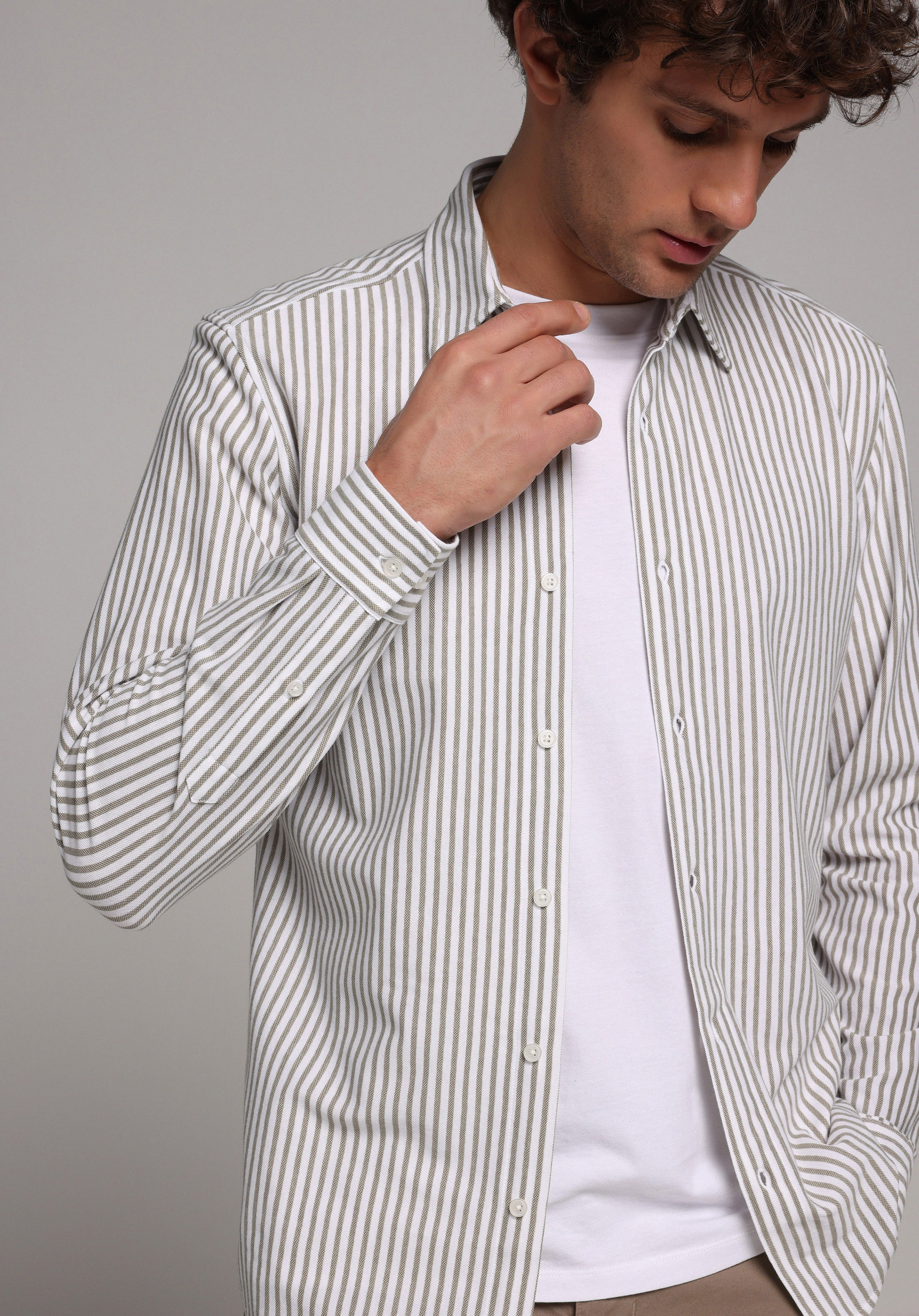 Regular Fit Shirt Neck Çizgili Erkek Yeşil Uzun Kol Gömlek