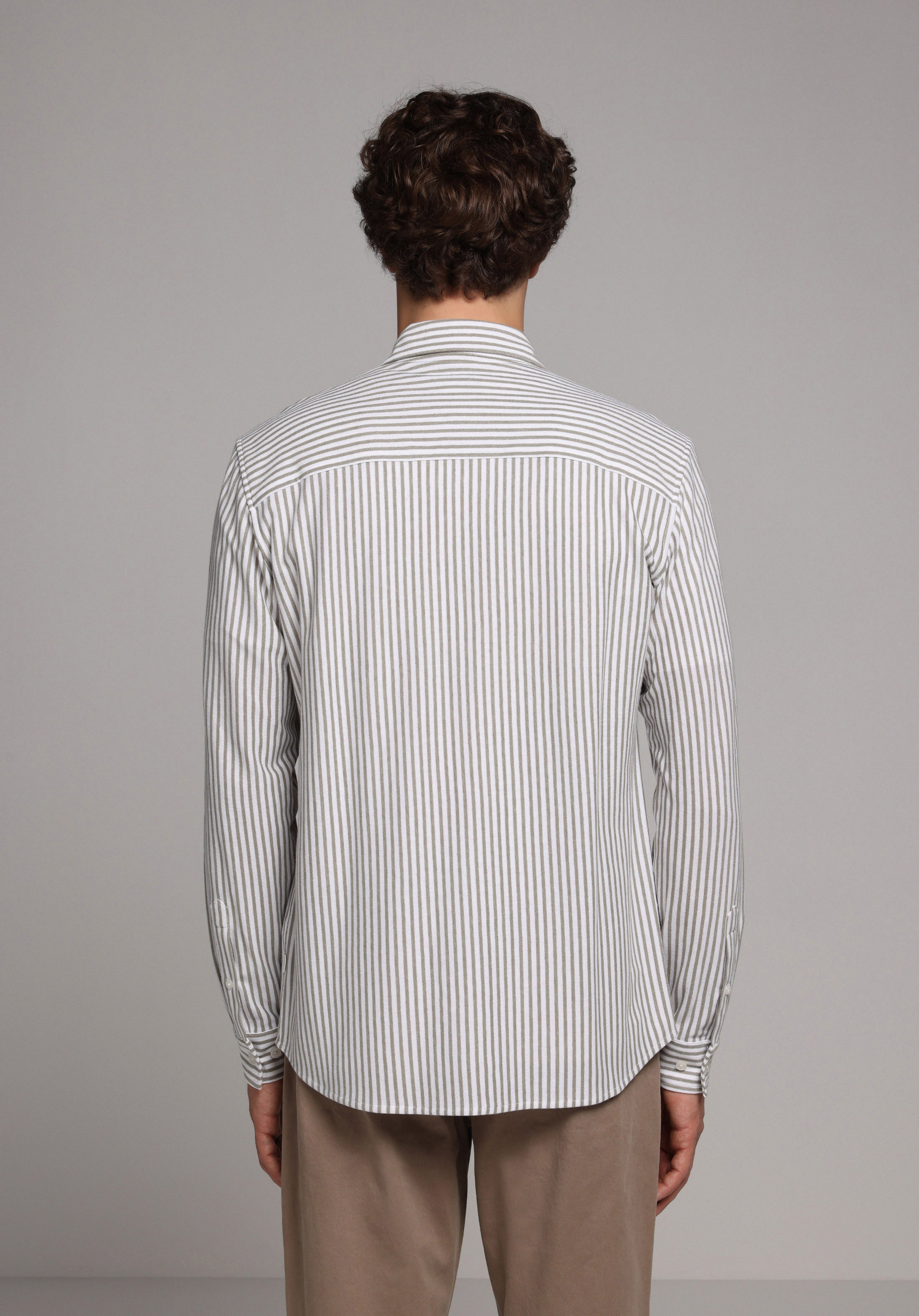 Regular Fit Shirt Neck Çizgili Erkek Yeşil Uzun Kol Gömlek