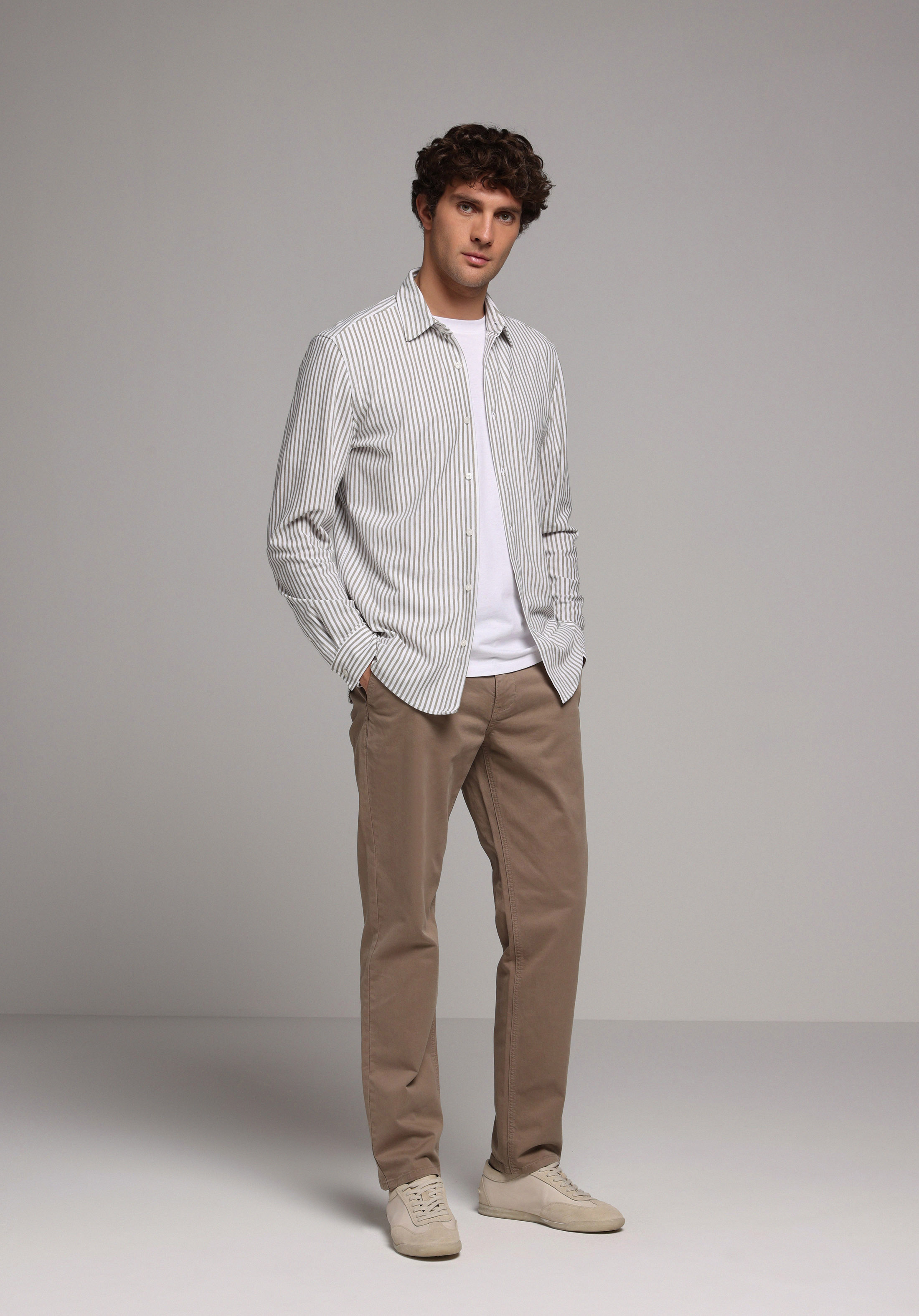 Regular Fit Shirt Neck Çizgili Erkek Yeşil Uzun Kol Gömlek