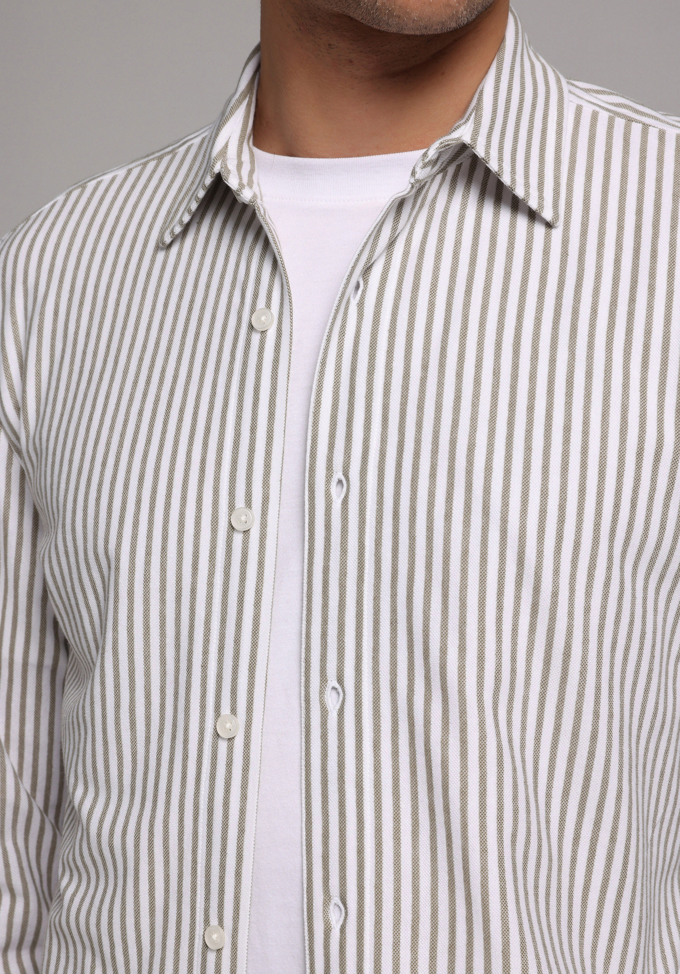 Regular Fit Shirt Neck Çizgili Erkek Yeşil Uzun Kol Gömlek