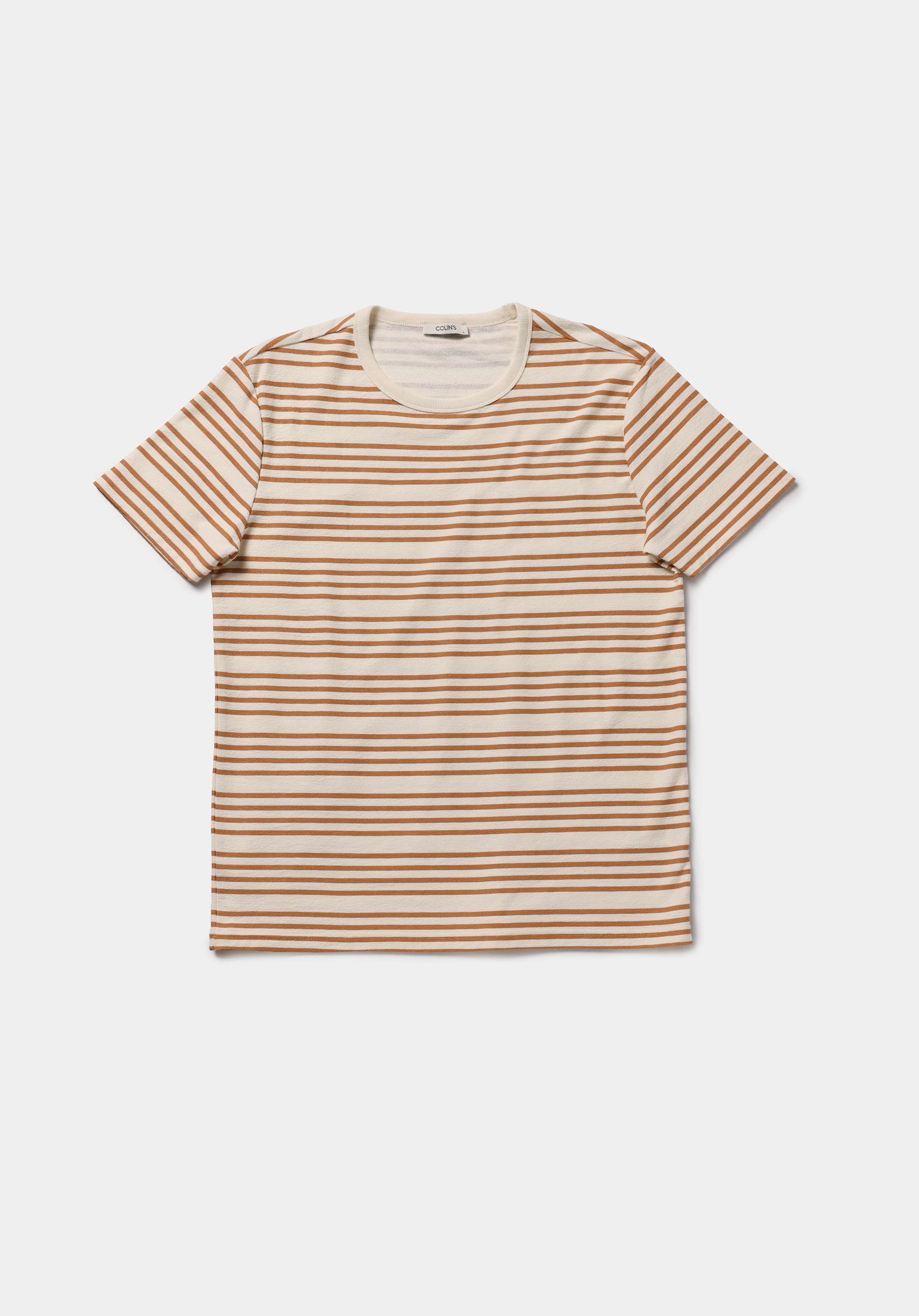 Regular Fit Yuvarlak Yaka Çizgili Erkek Kahverengi Kısa Kol Tişört