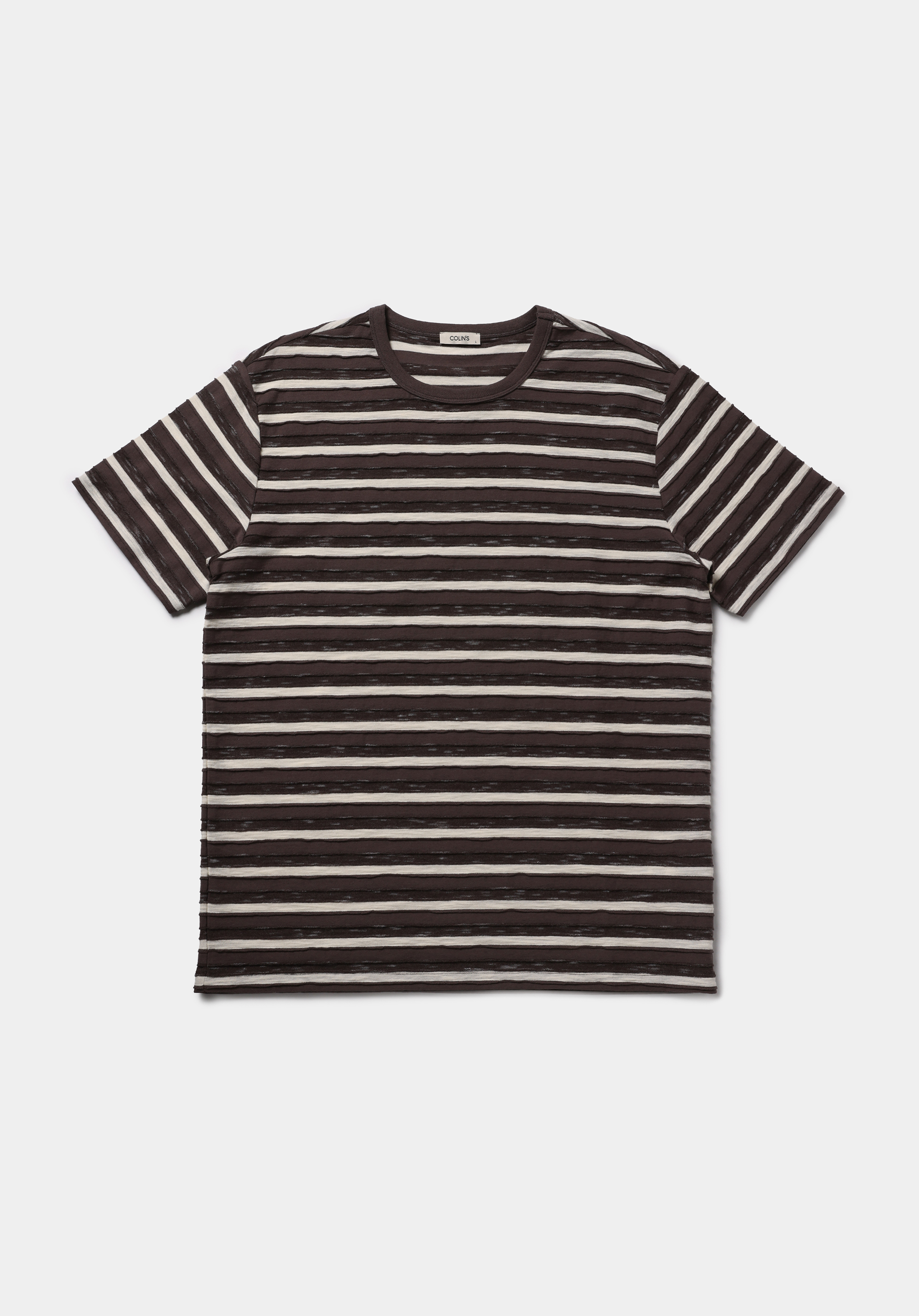 Comfort Fit Yuvarlak Yaka Çizgili Erkek Kahverengi Kısa Kol Tişört