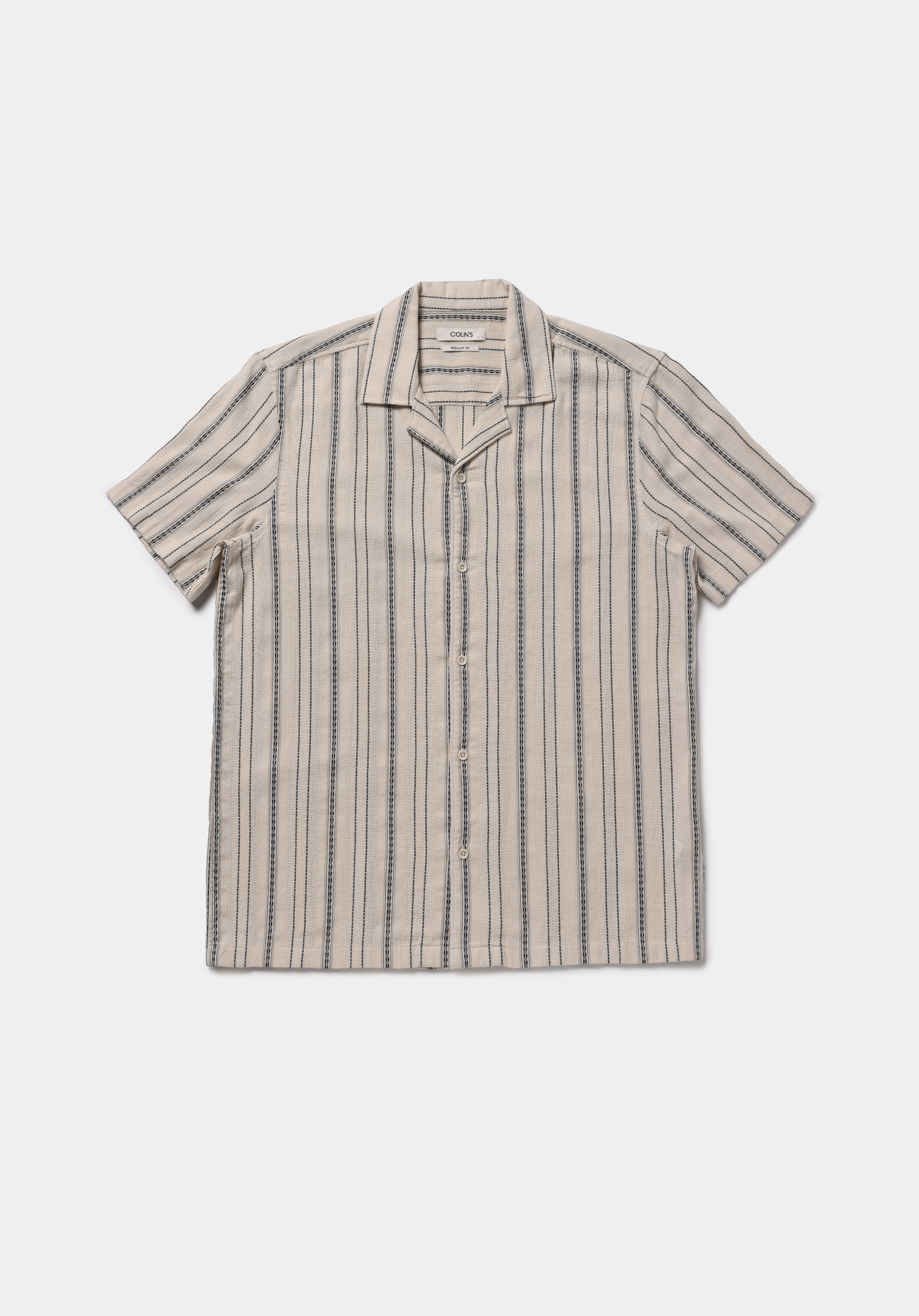 Regular Fit Shirt Neck Çizgili Erkek Ekru Kısa Kol Gömlek