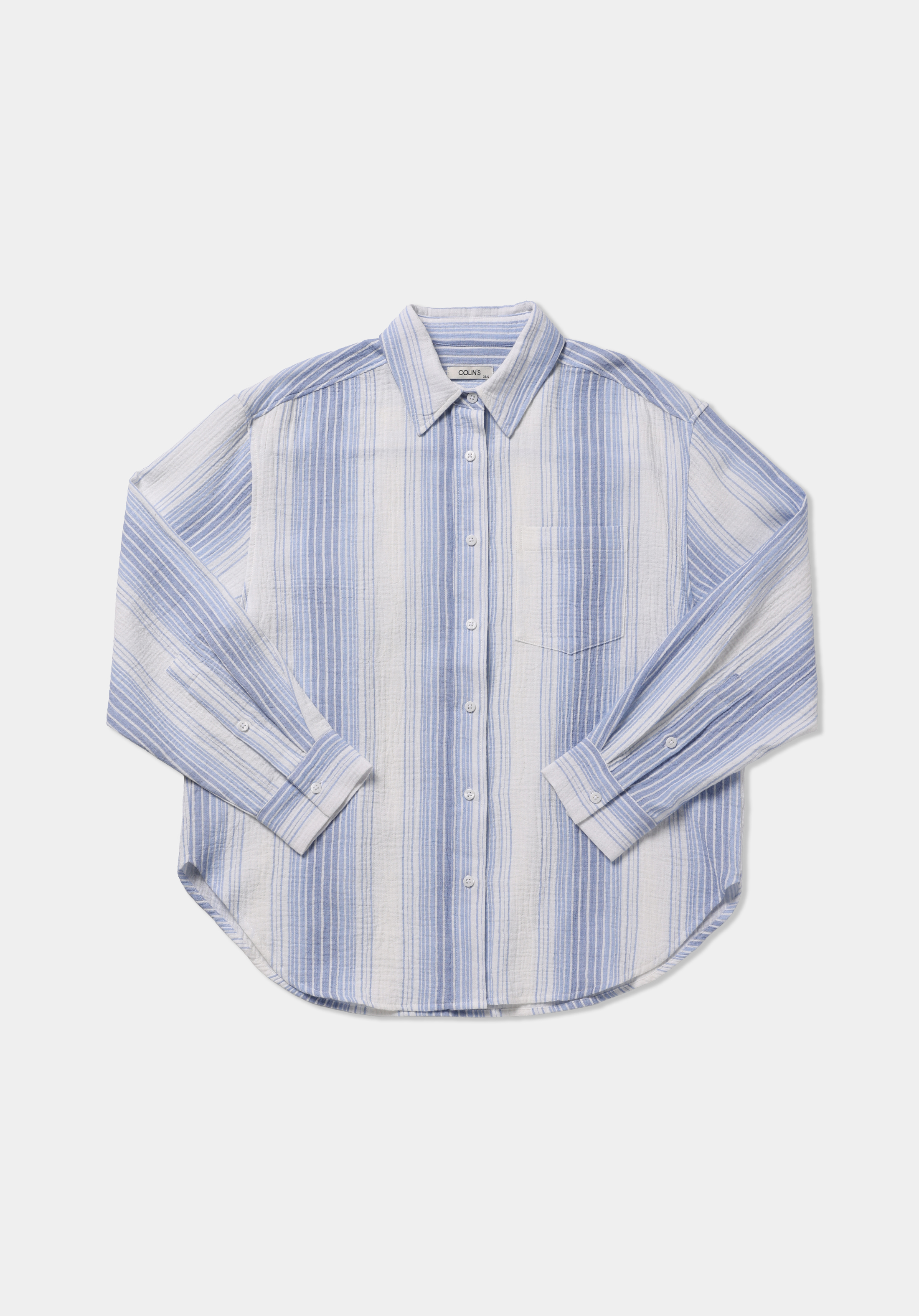 Oversize Shirt Neck Çizgili Kadın Mavi Uzun Kol Gömlek