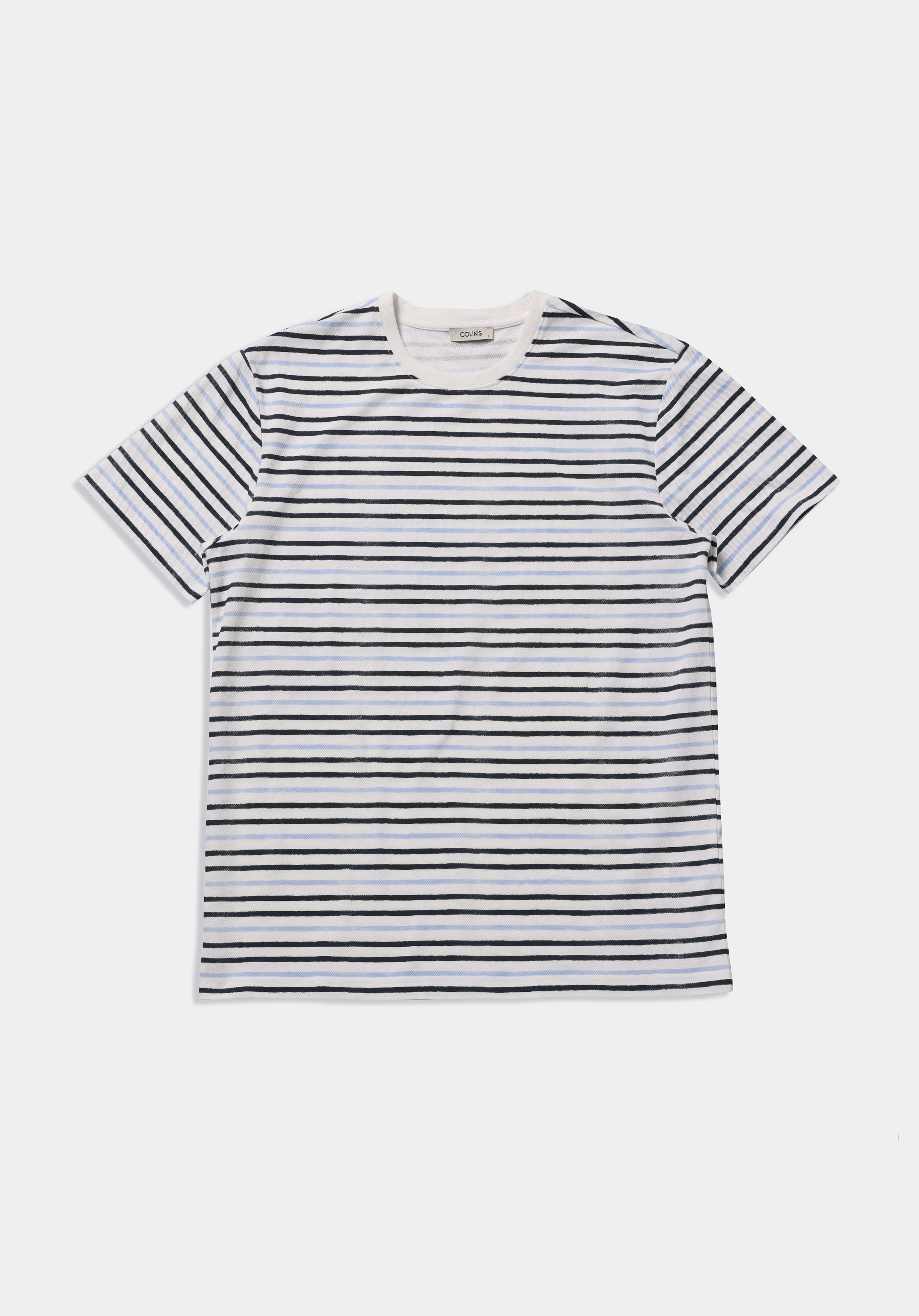 Regular Fit Yuvarlak Yaka Çizgili Erkek Mavi Kısa Kol Tişört