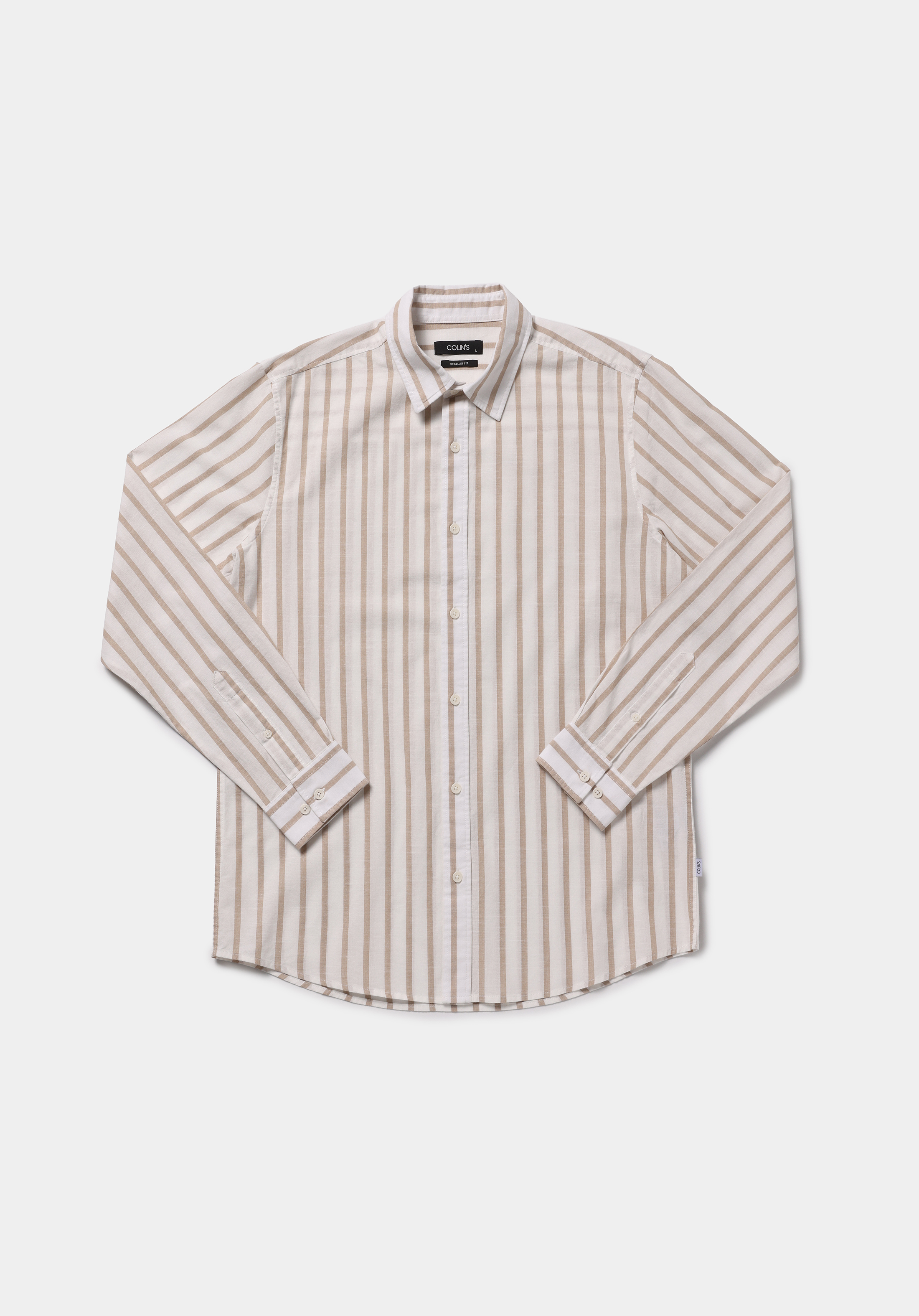 Regular Fit Shirt Neck Çizgili Erkek Bej Uzun Kol Gömlek