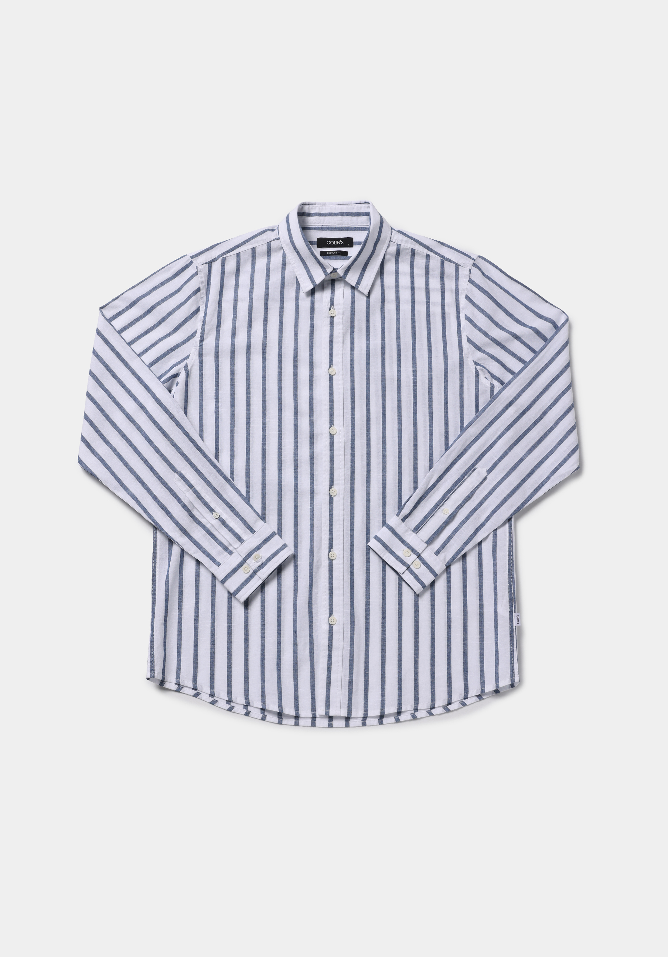 Regular Fit Shirt Neck Çizgili Erkek Mavi Uzun Kol Gömlek