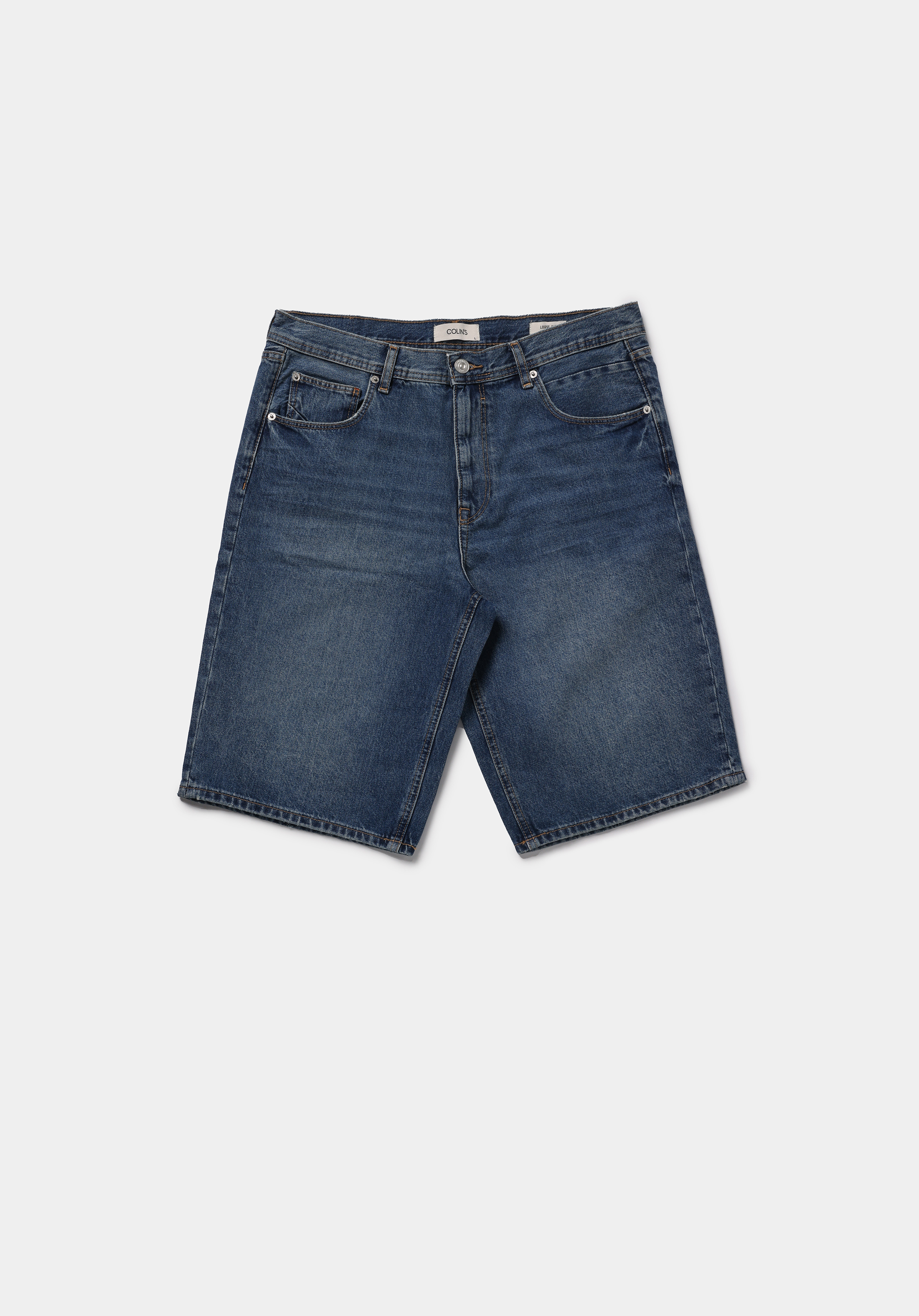 Loose Fit Orta Bel Düz Erkek Mid İndigo Denim Jean Şort