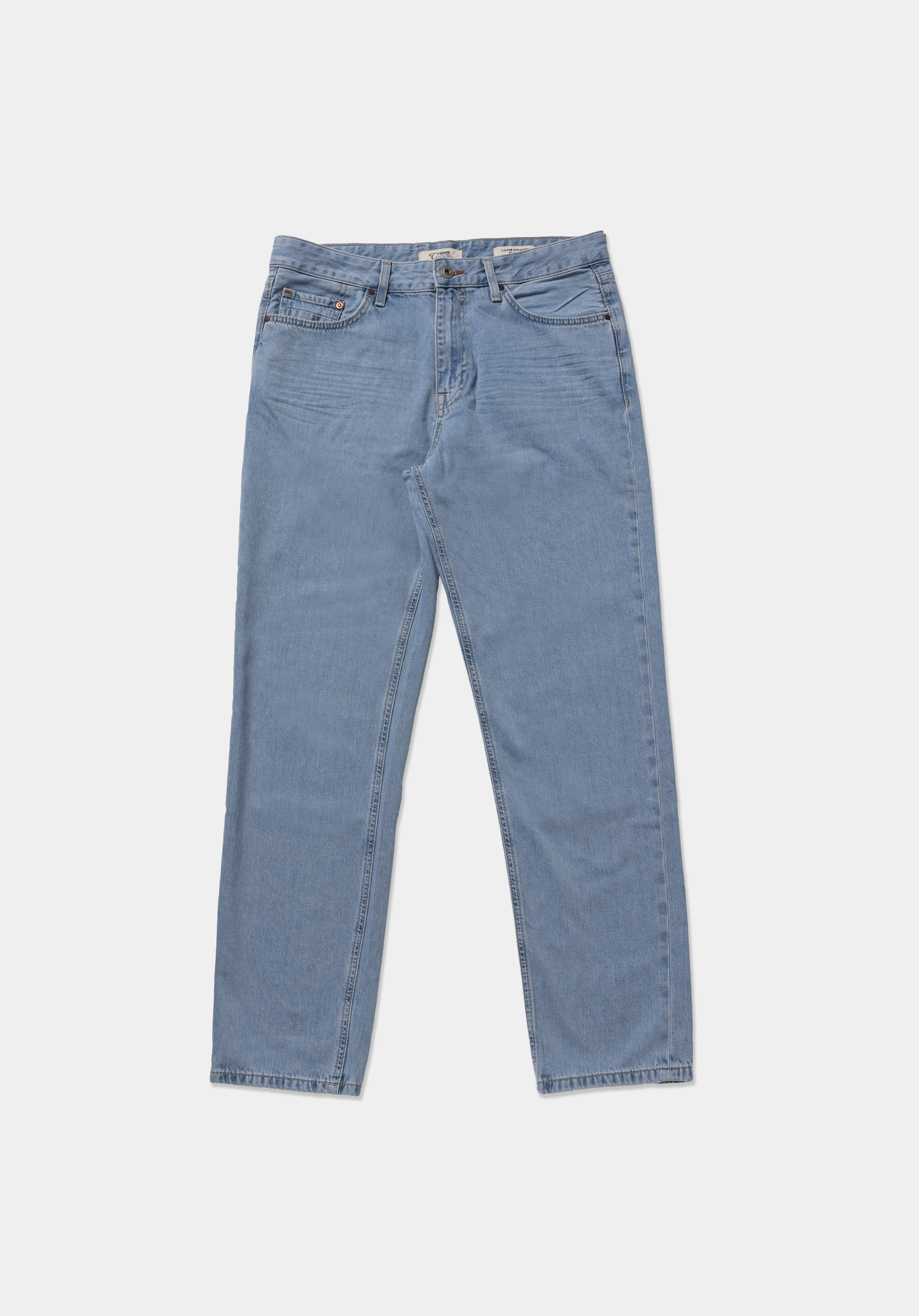 Loose Straight Fit Erkek Light İndigo Fermuarlı Denim Jean Pantolon