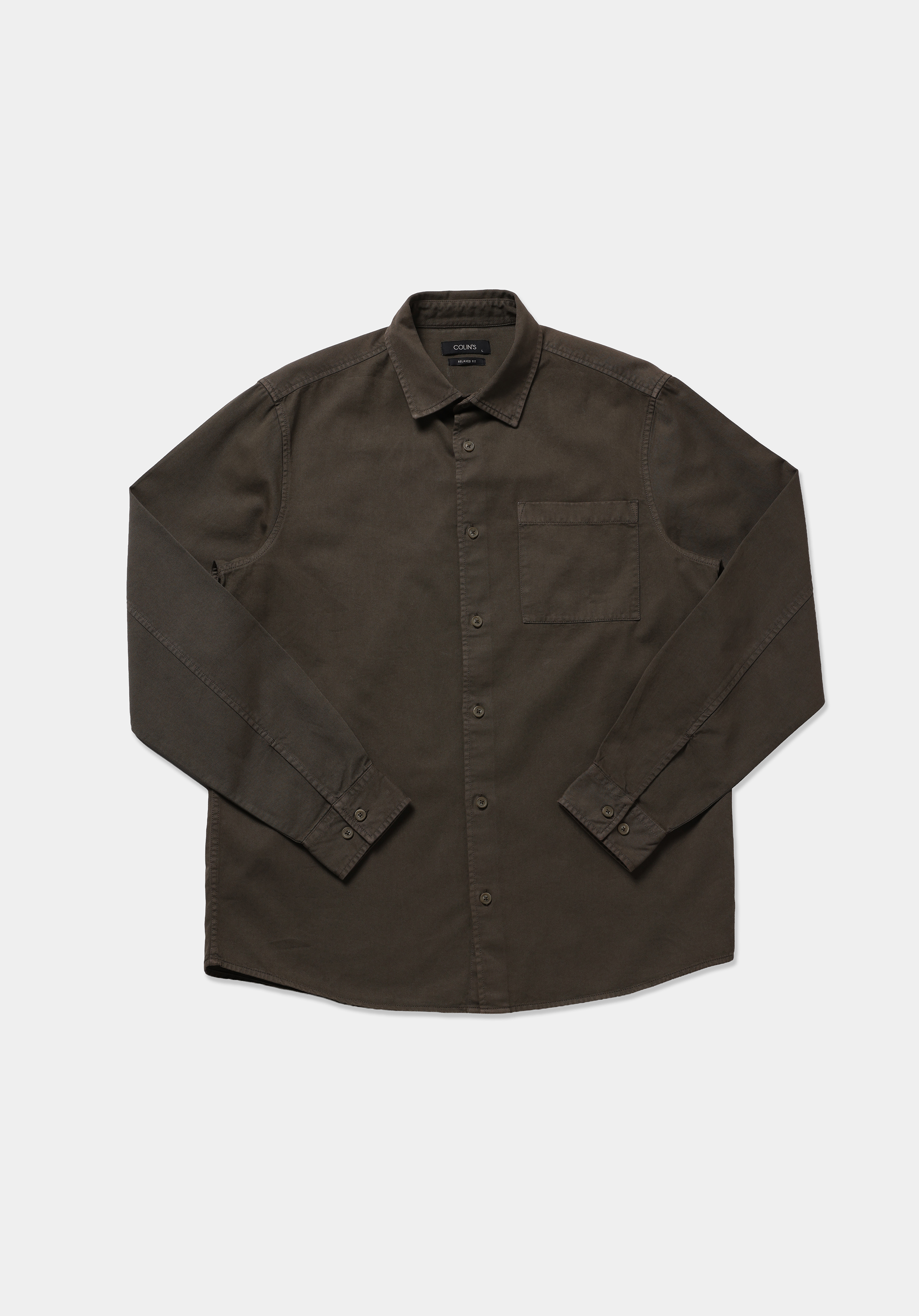 Relaxed Fit Shirt Neck Düz Erkek Yeşil Uzun Kol Gömlek