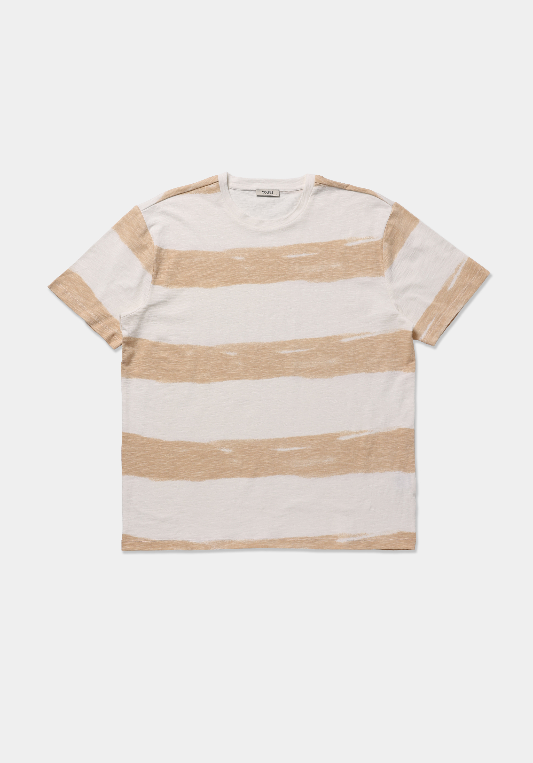 Comfort Fit Yuvarlak Yaka Çizgili Erkek Bej Kısa Kol Tişört