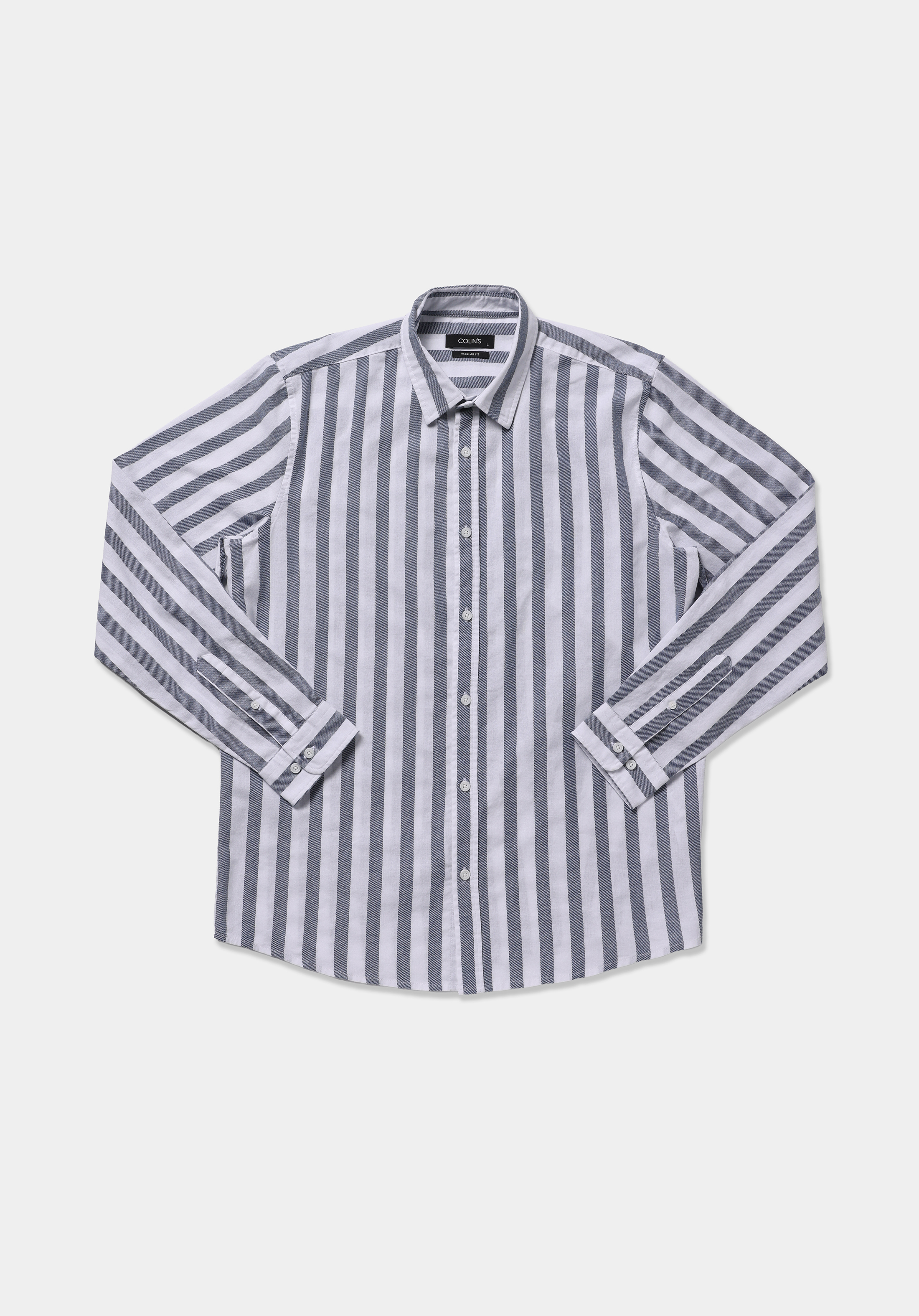 Regular Fit Shirt Neck Çizgili Erkek Mavi Uzun Kol Gömlek