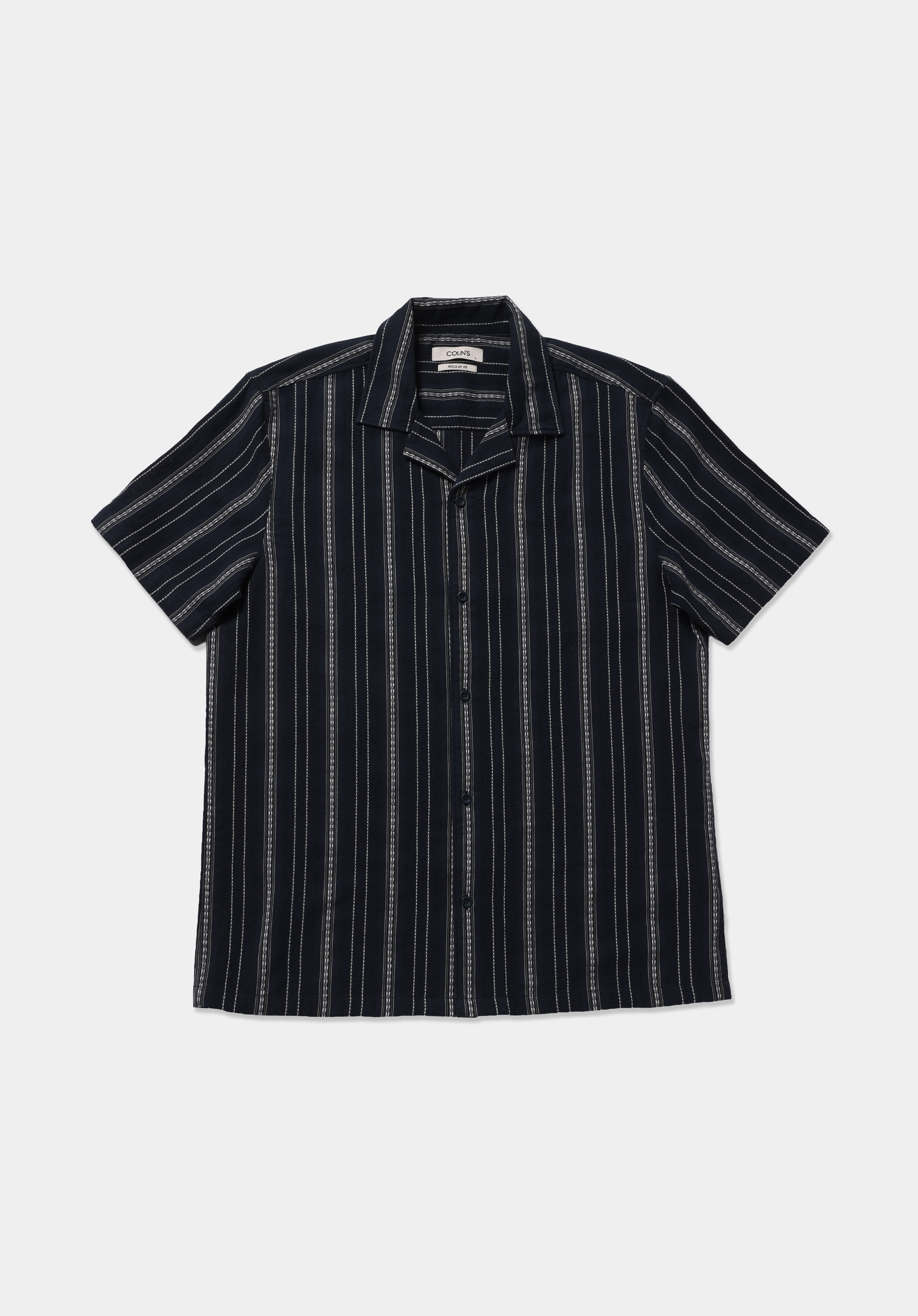 Regular Fit Shirt Neck Çizgili Erkek Lacivert Kısa Kol Gömlek