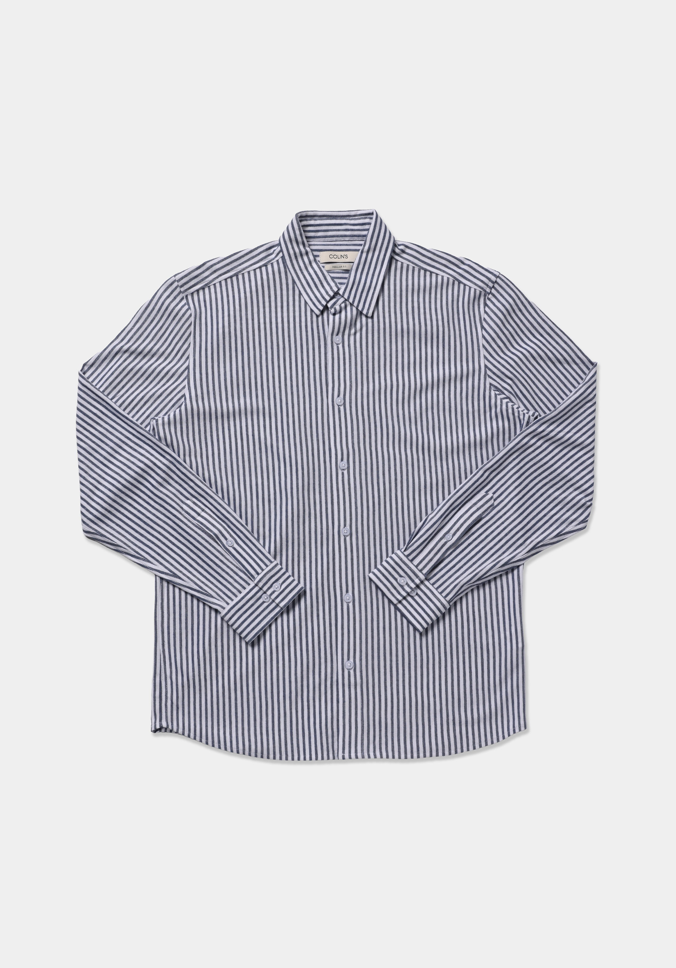 Regular Fit Shirt Neck Çizgili Erkek Mavi Uzun Kol Gömlek