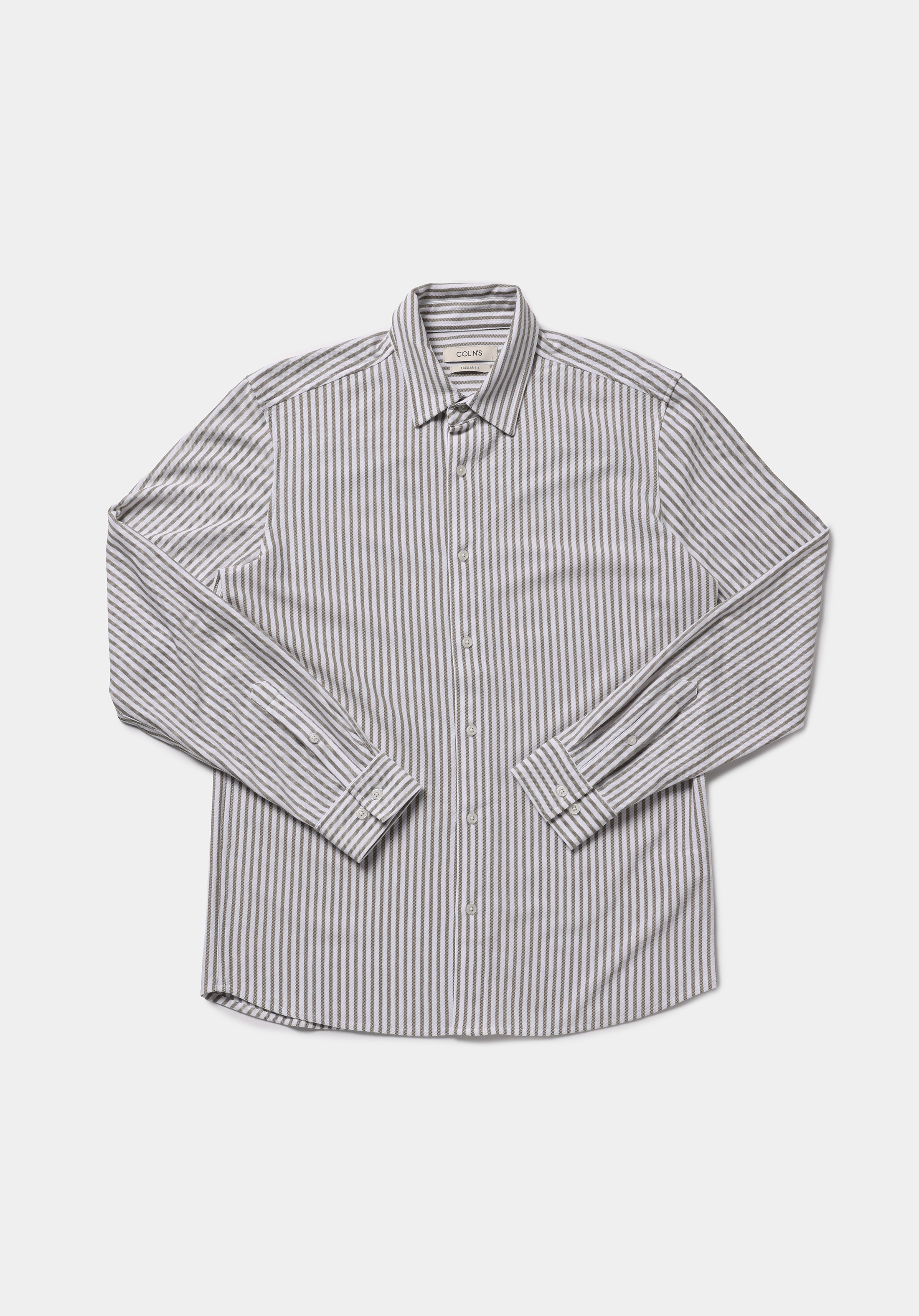 Regular Fit Shirt Neck Çizgili Erkek Yeşil Uzun Kol Gömlek