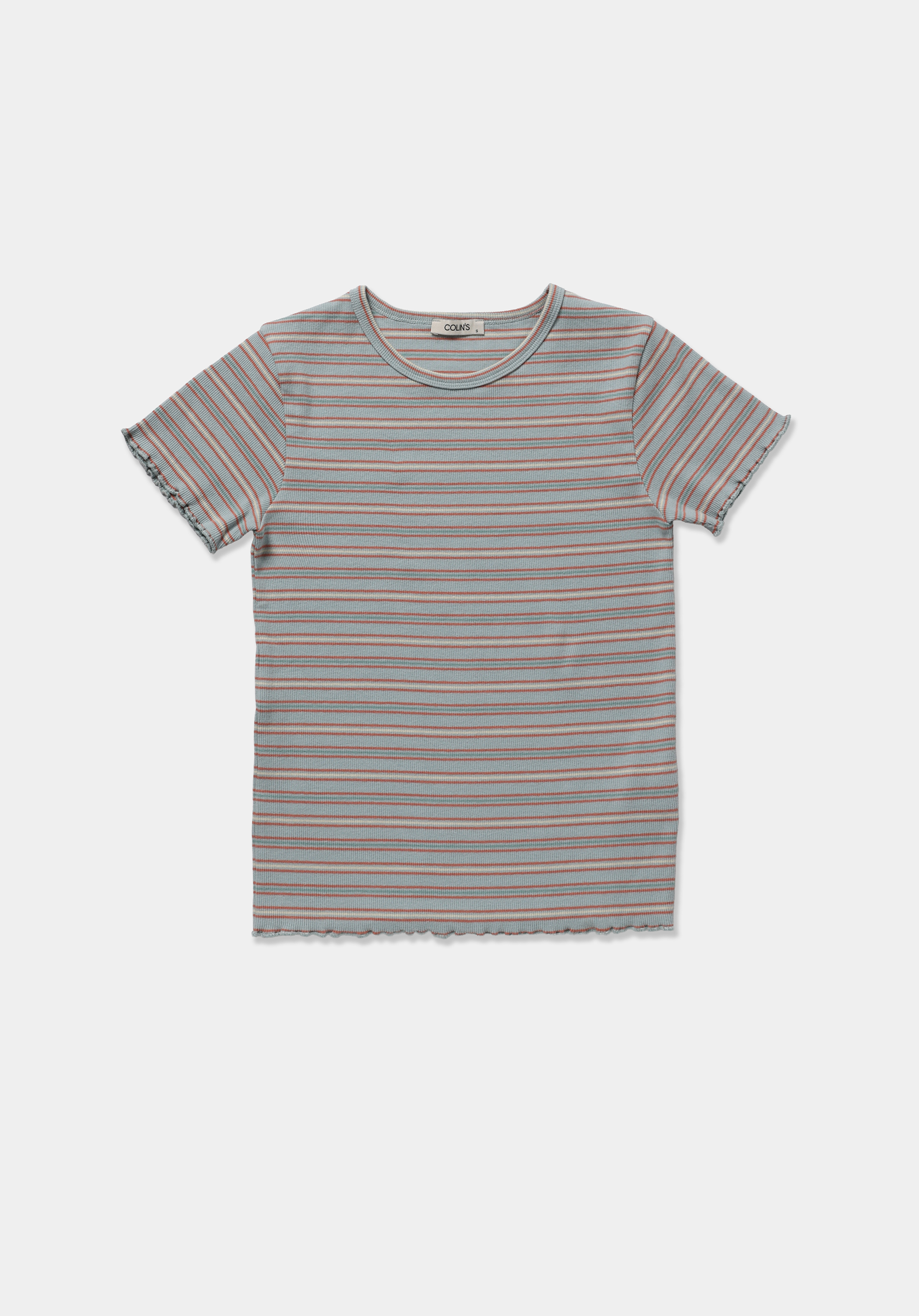 Slim Fit Yuvarlak Yaka Çizgili Kadın Çok Renkli Kısa Kol Tişört