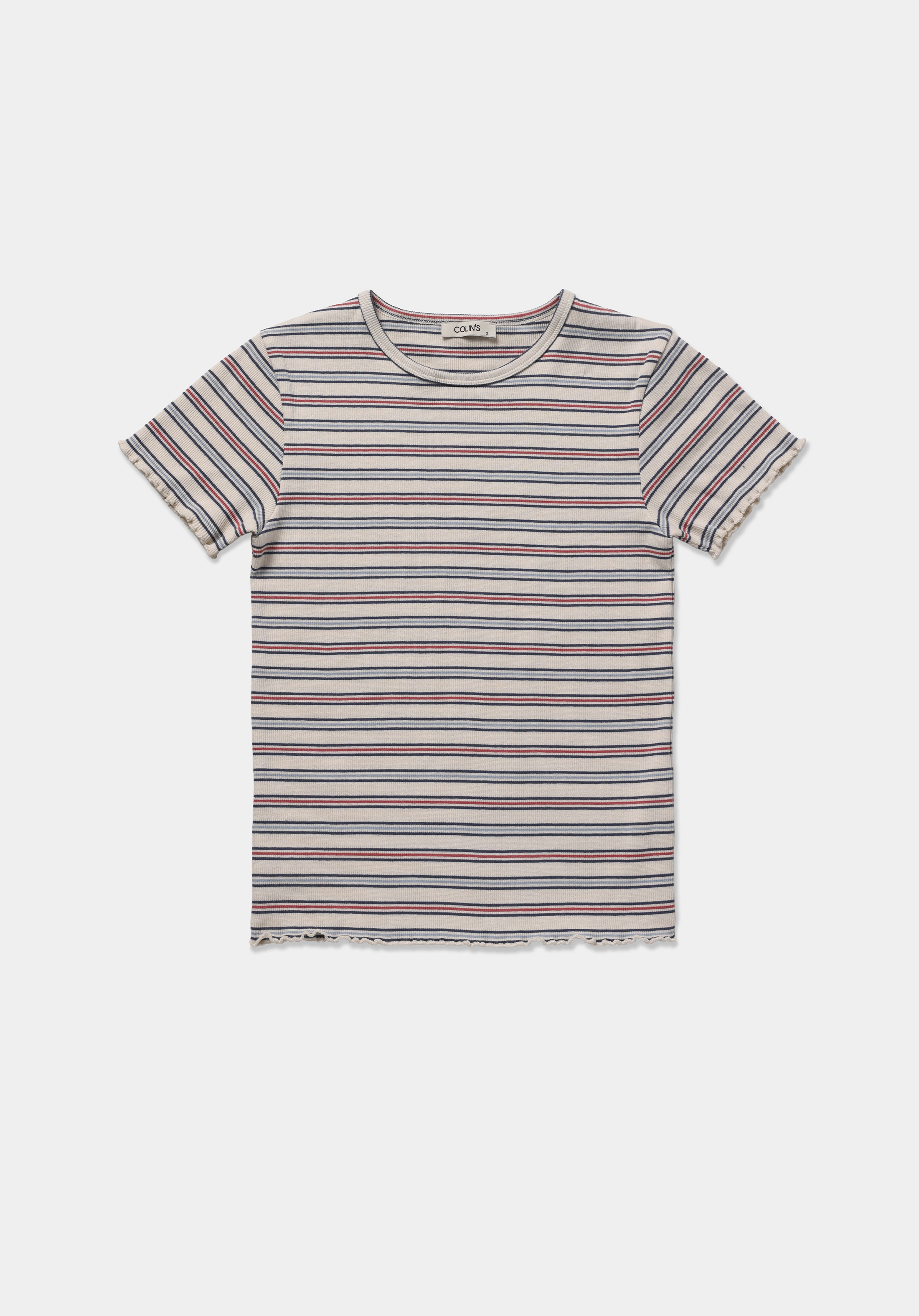 Slim Fit Yuvarlak Yaka Çizgili Kadın Çok Renkli Kısa Kol Tişört