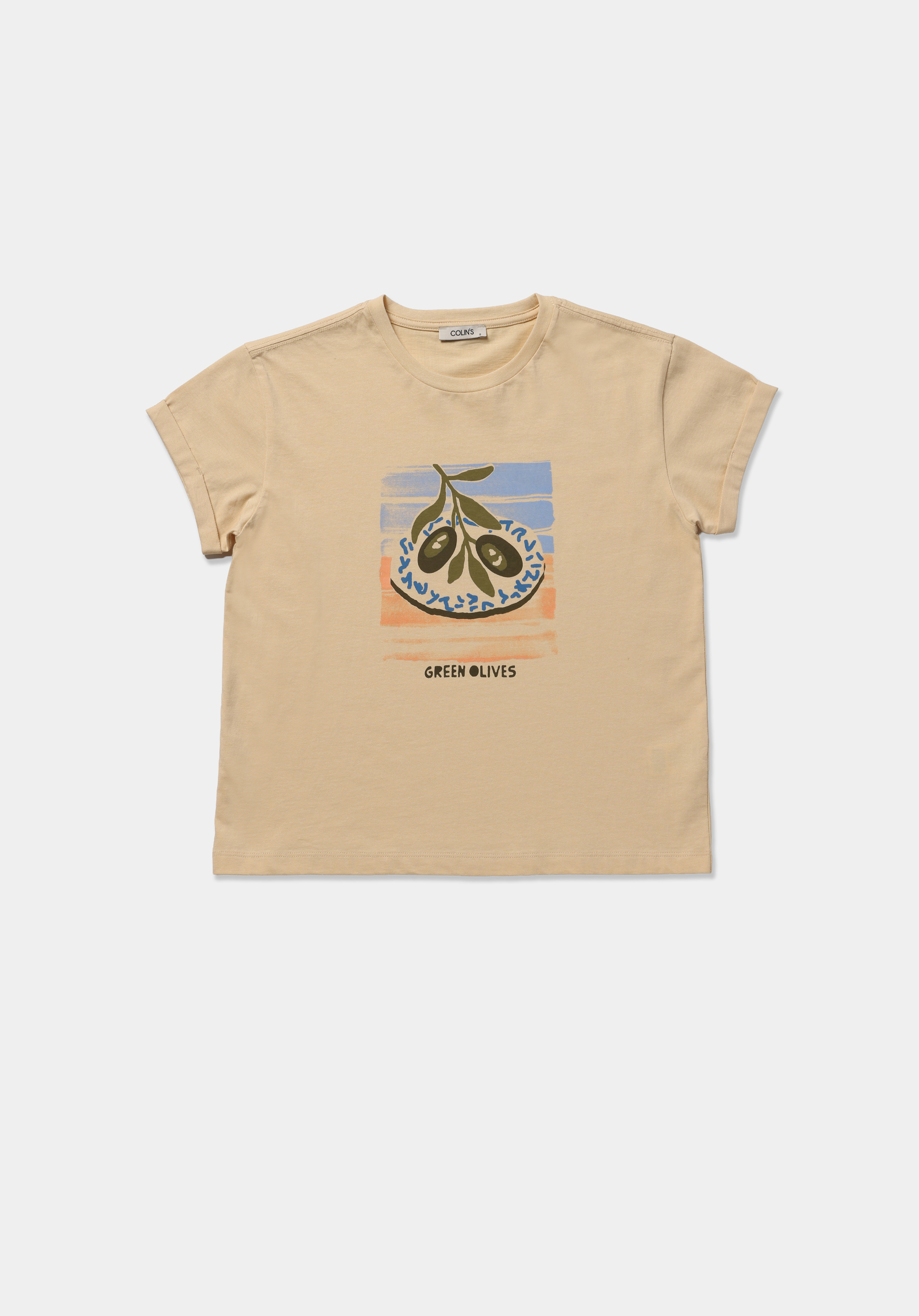 Regular Fit Yuvarlak Yaka Baskılı Kadın Sari Kısa Kol Tişört