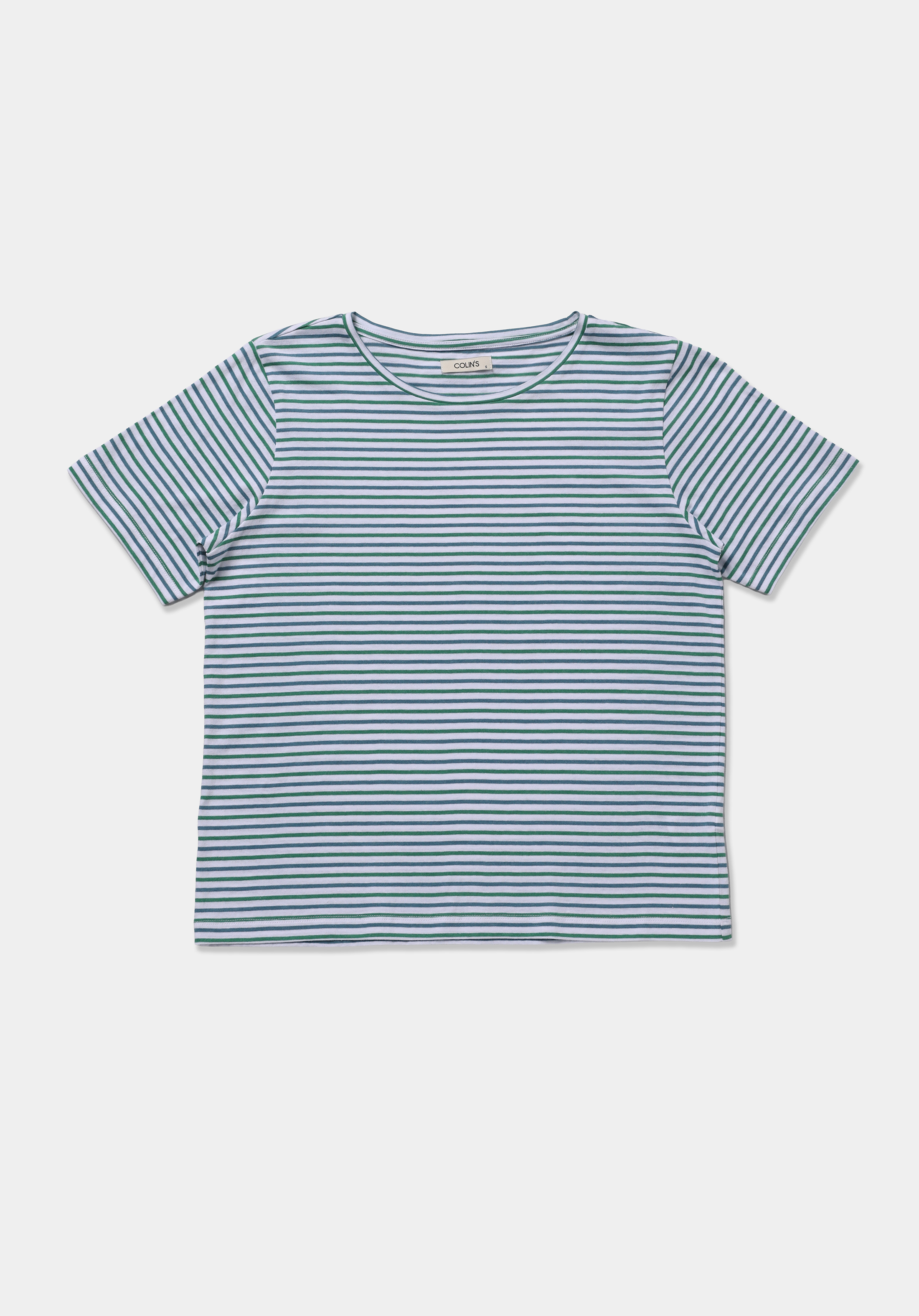 Regular Fit Yuvarlak Yaka Çizgili Kadın Yeşil Kısa Kol Tişört
