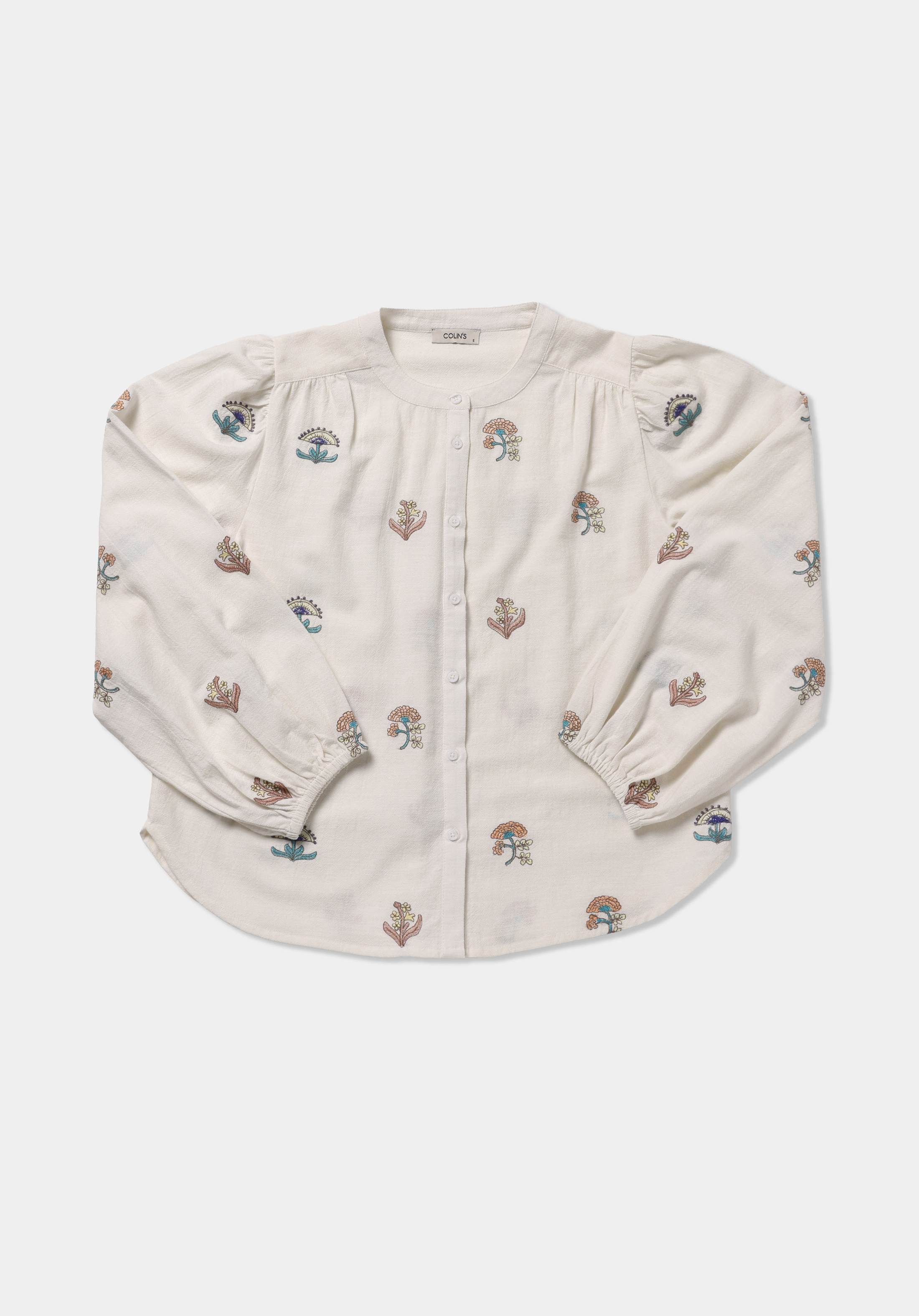 Fashion Fit Yuvarlak Yaka Nakışlı Kadın Ekru Uzun Kol Gömlek