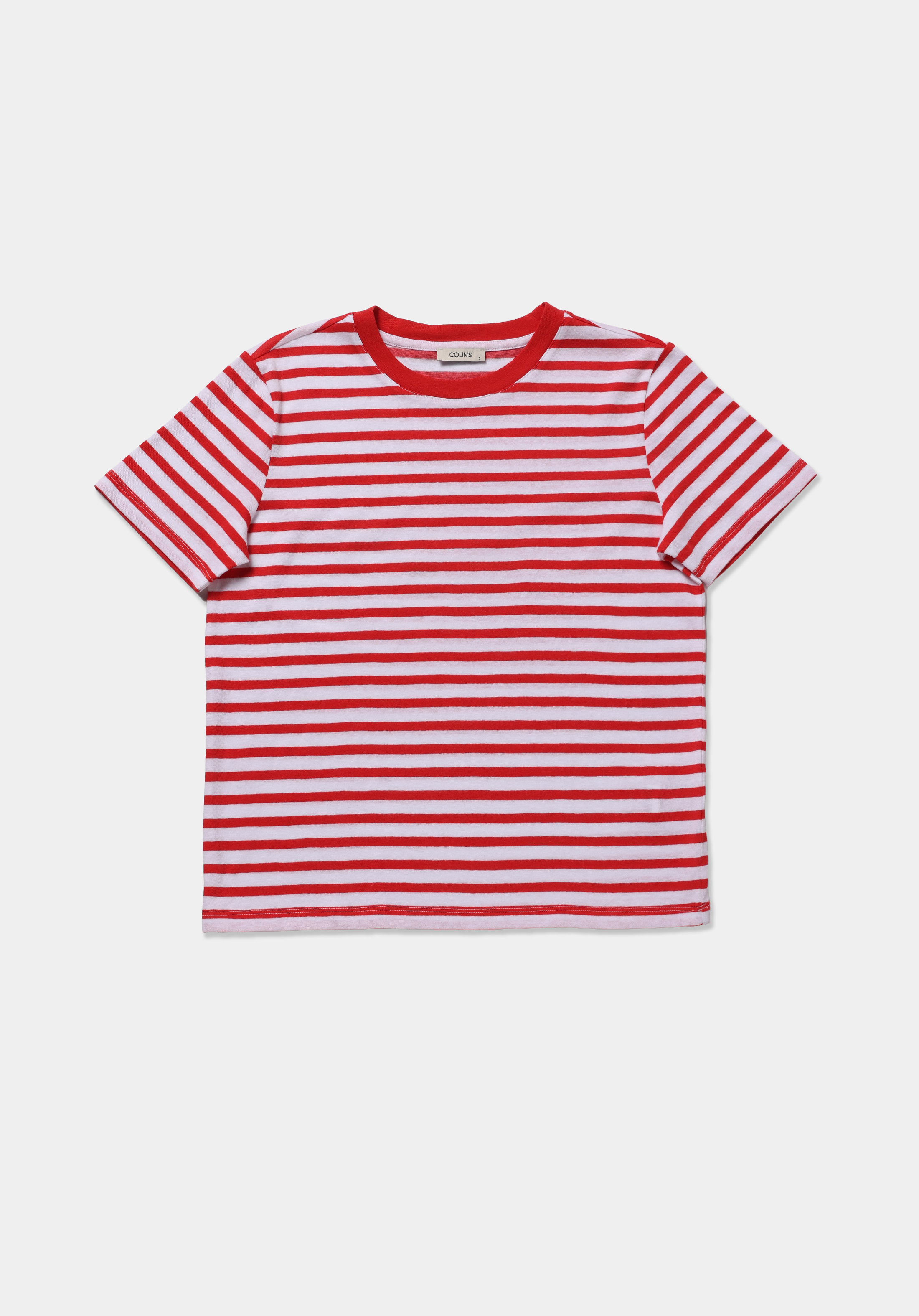 Regular Fit Yuvarlak Yaka Çizgili Kadın Kirmizi Kısa Kol Tişört